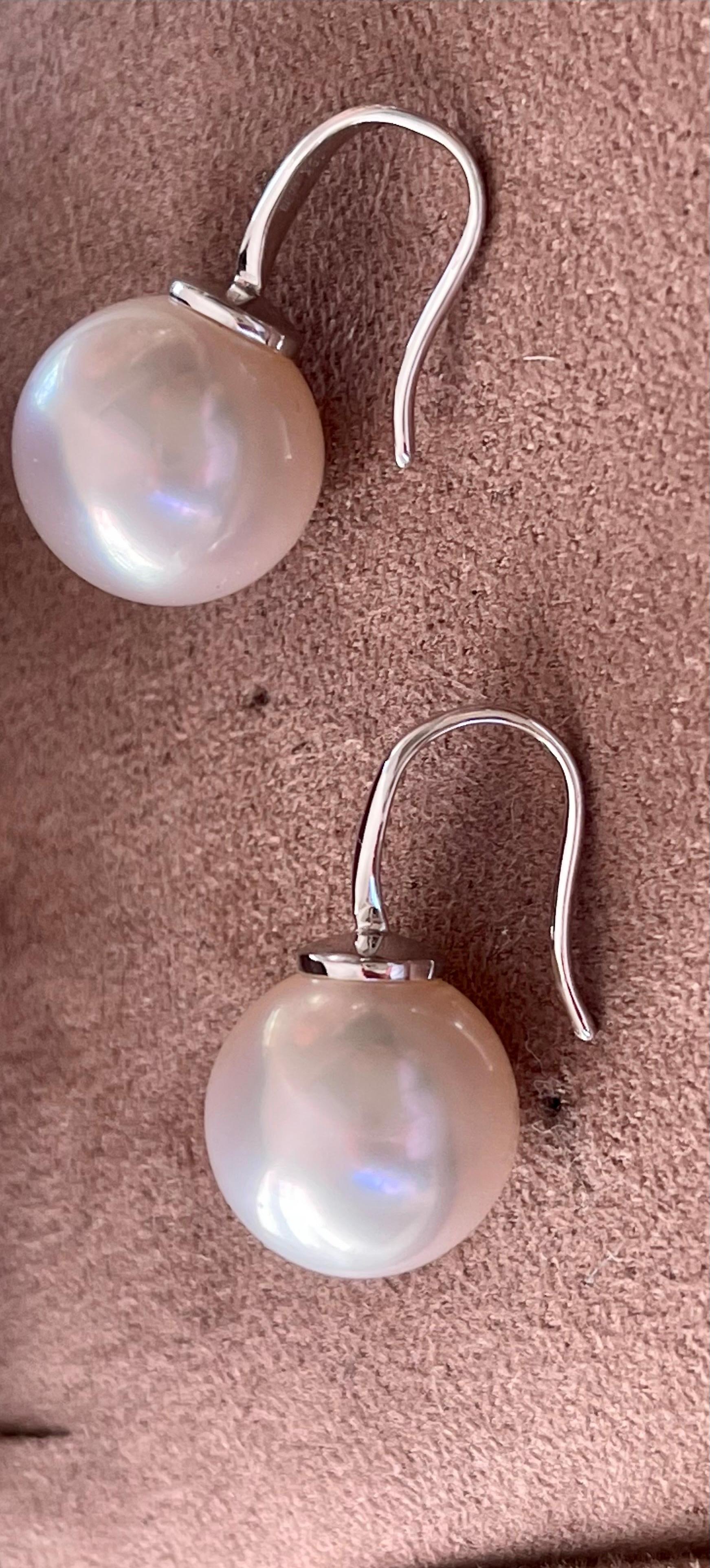 Round Cut 18 K White Gold Hook Drop South Sea Pearl Earrings For Sale