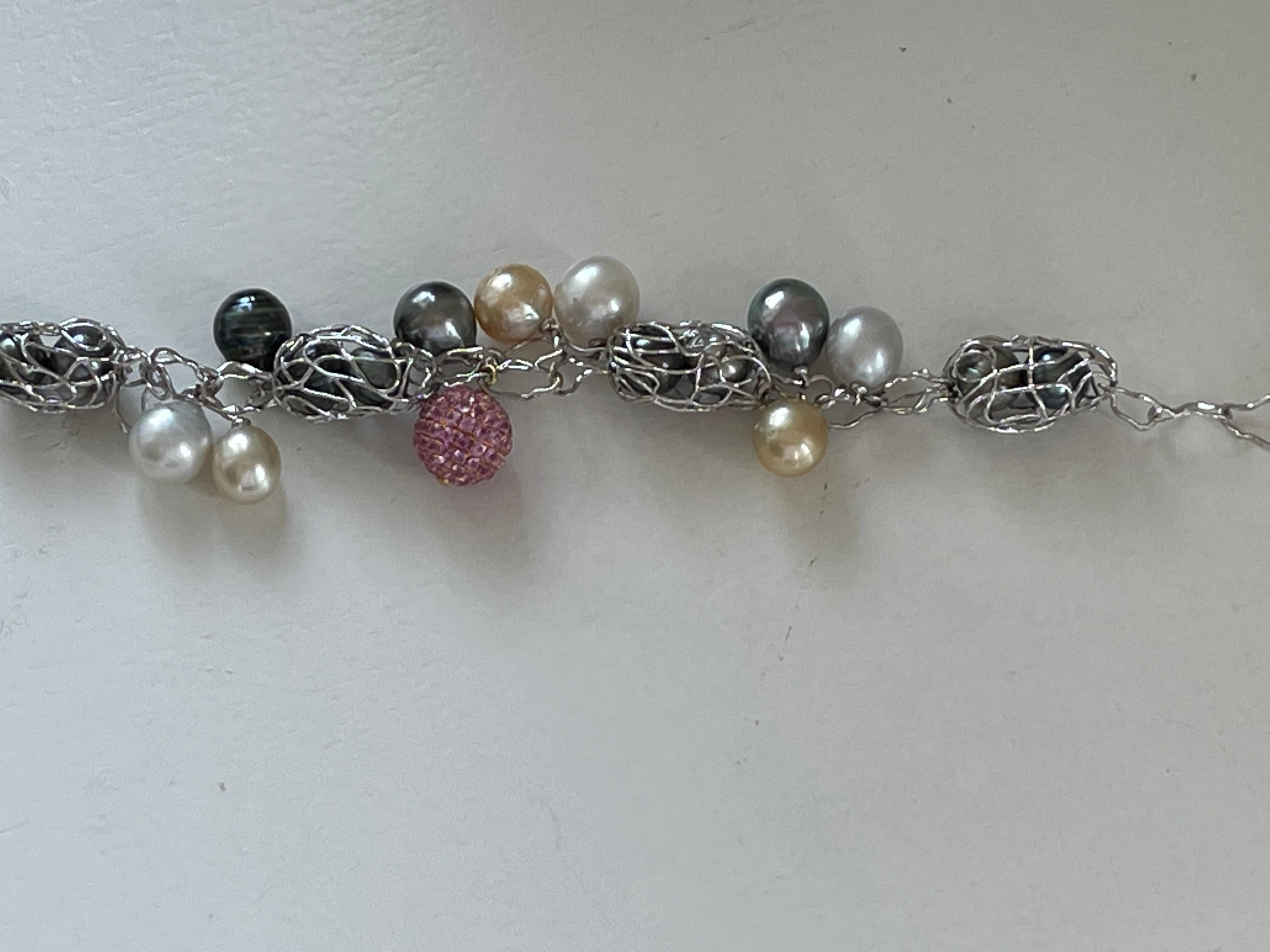Women's 18 K White Gold Interlocking Charm Wire Link Bracelet with Pearls Fancy Sapphire For Sale