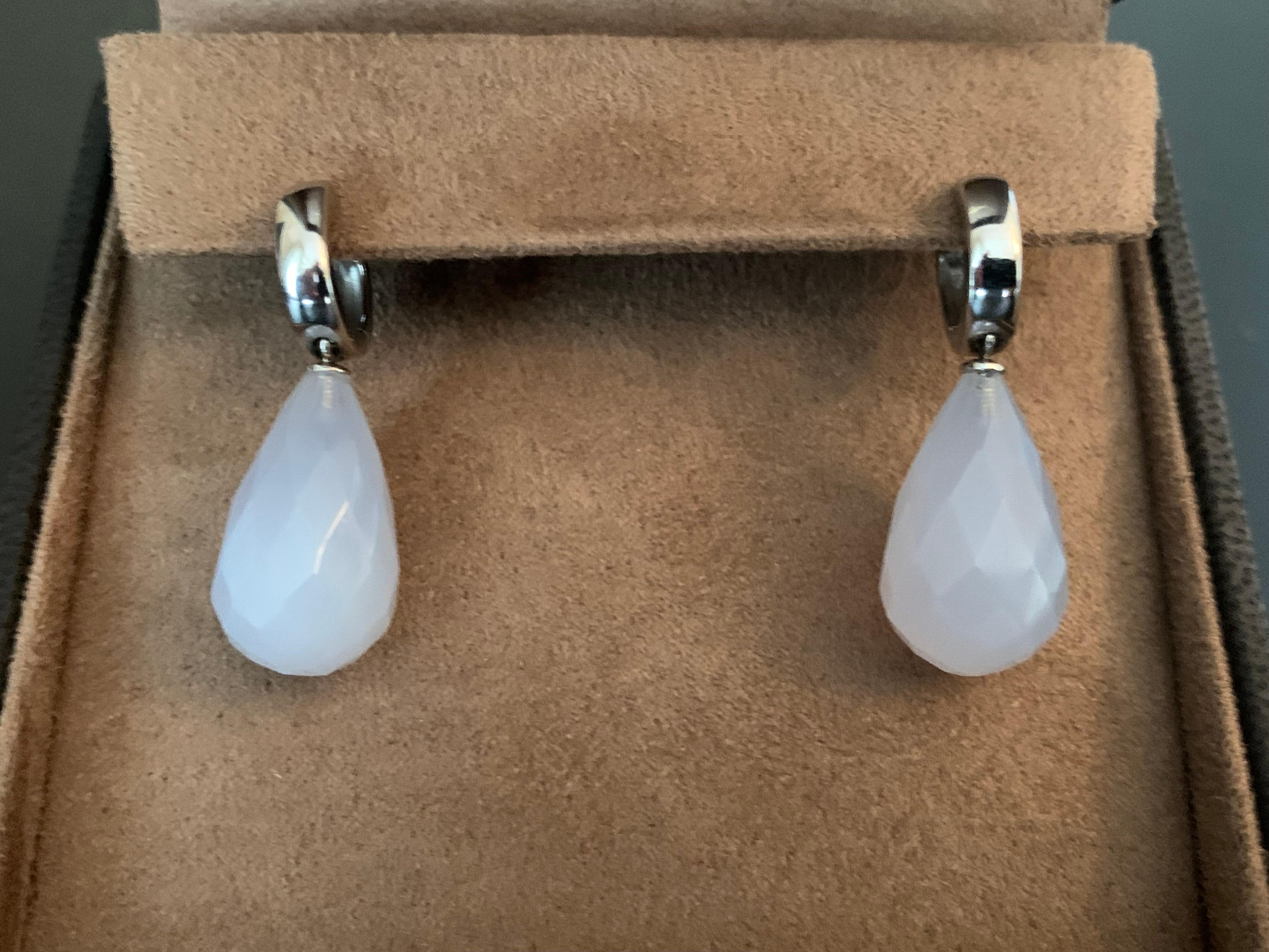 Pear Cut 18 K White Gold Italian Pampel Drop Chalcedony Earrings For Sale