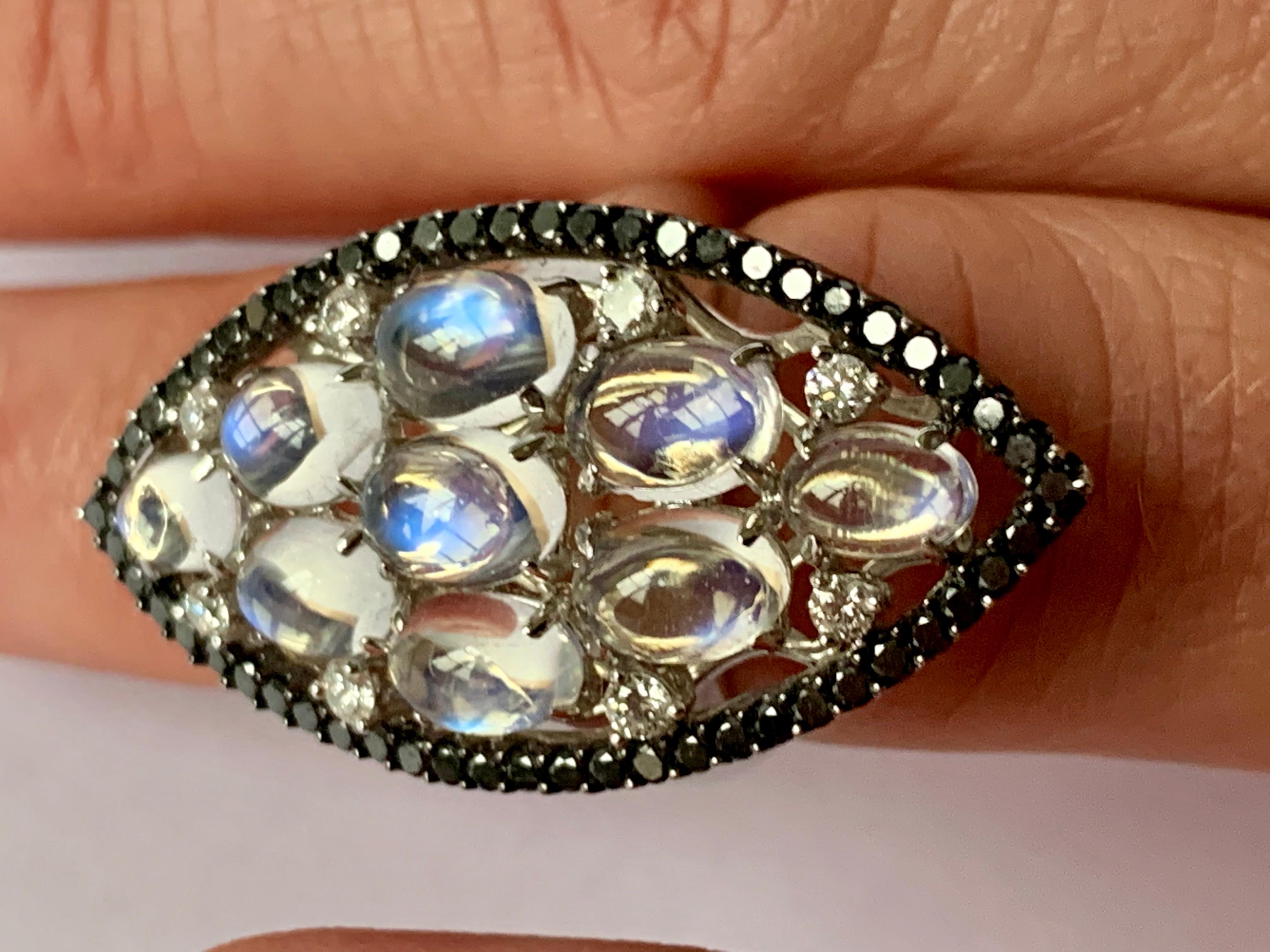 18 K White Gold Moonstone Black White Diamond Cocktail Ring For Sale 4