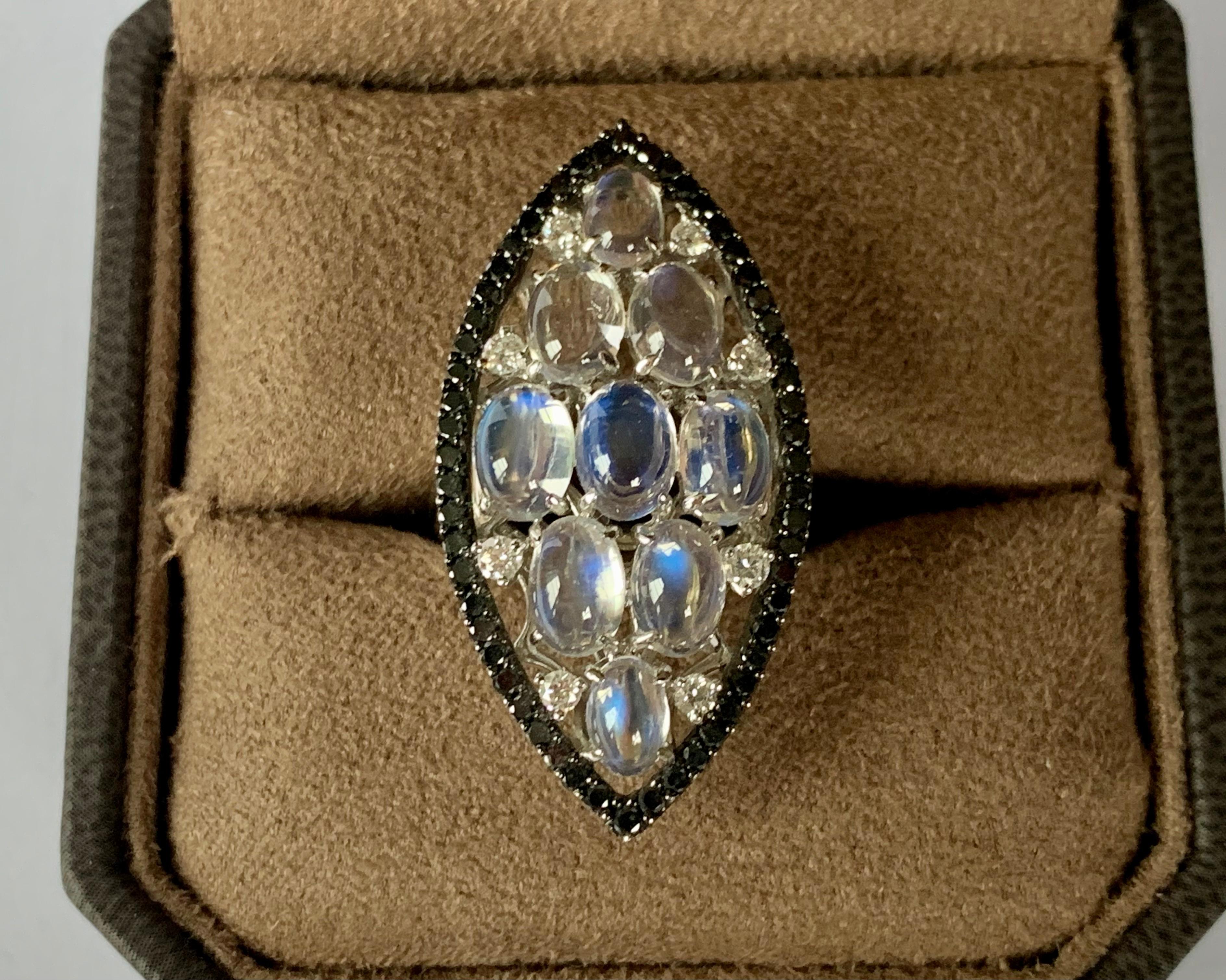 Cabochon 18 K White Gold Moonstone Black White Diamond Cocktail Ring For Sale