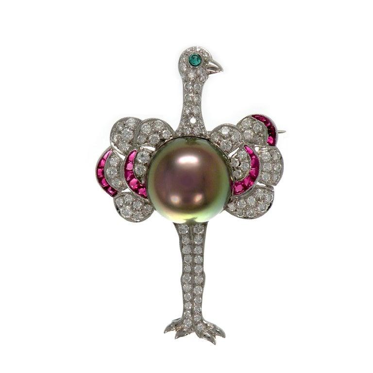 18 Karat White Gold Multi Gem Diamond with Pearl in Center Ostrich Brooch In New Condition For Sale In Bangkok, TH