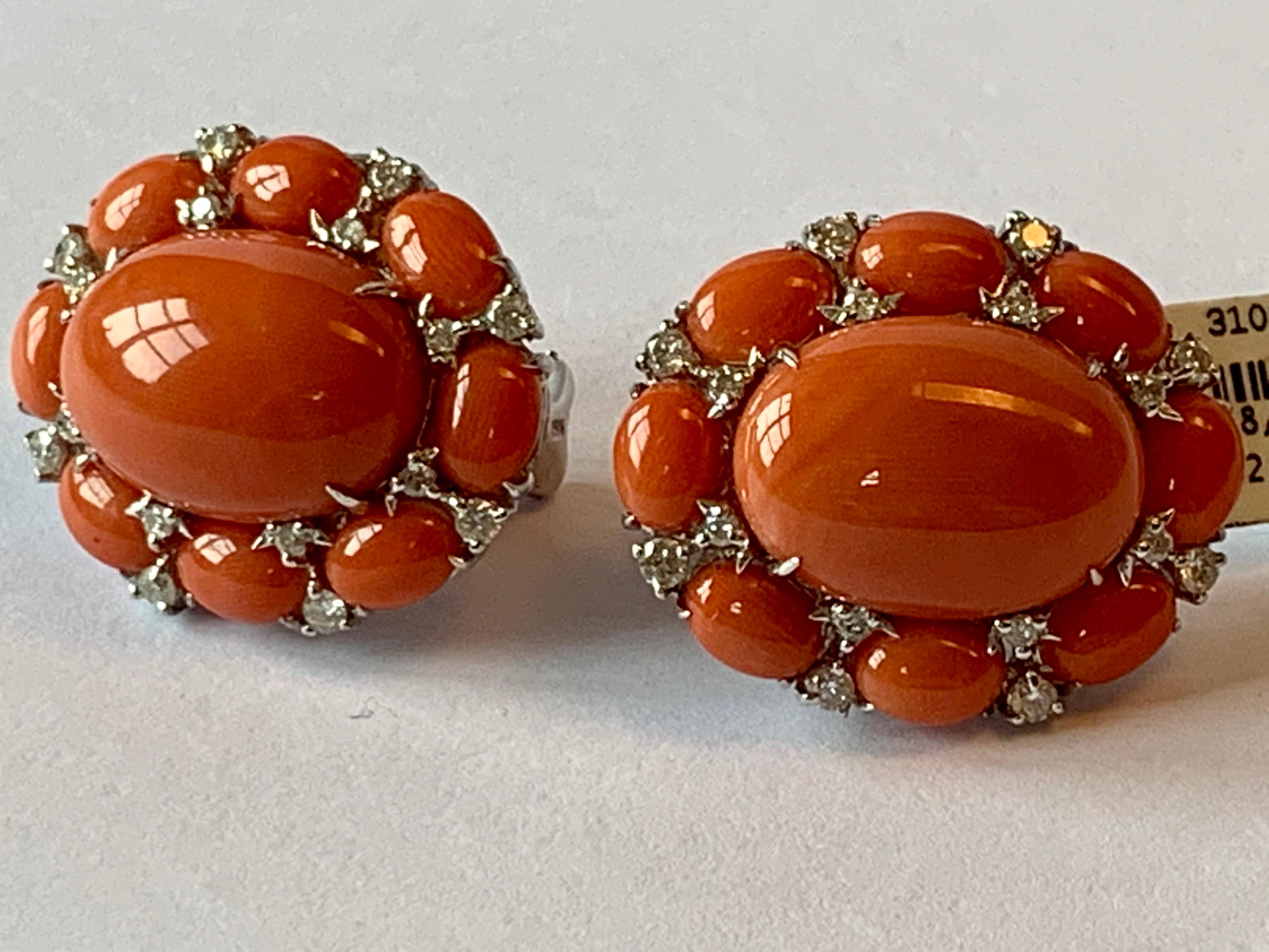 18 K White Gold Natural Coral and Diamonds Ear Clips For Sale 4