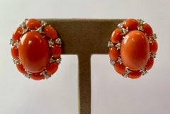 18 K White Gold Natural Coral and Diamonds Ear Clips