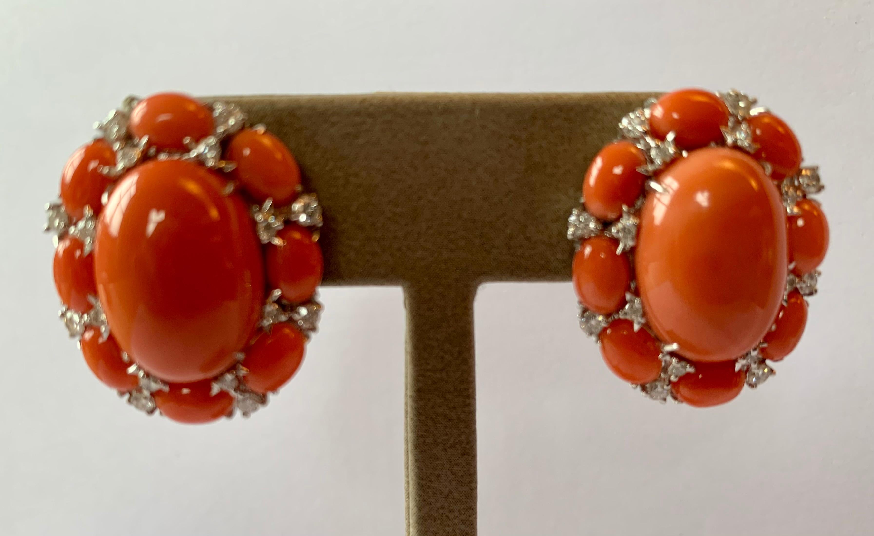 Contemporary 18 K White Gold Natural Coral and Diamonds Ear Clips For Sale