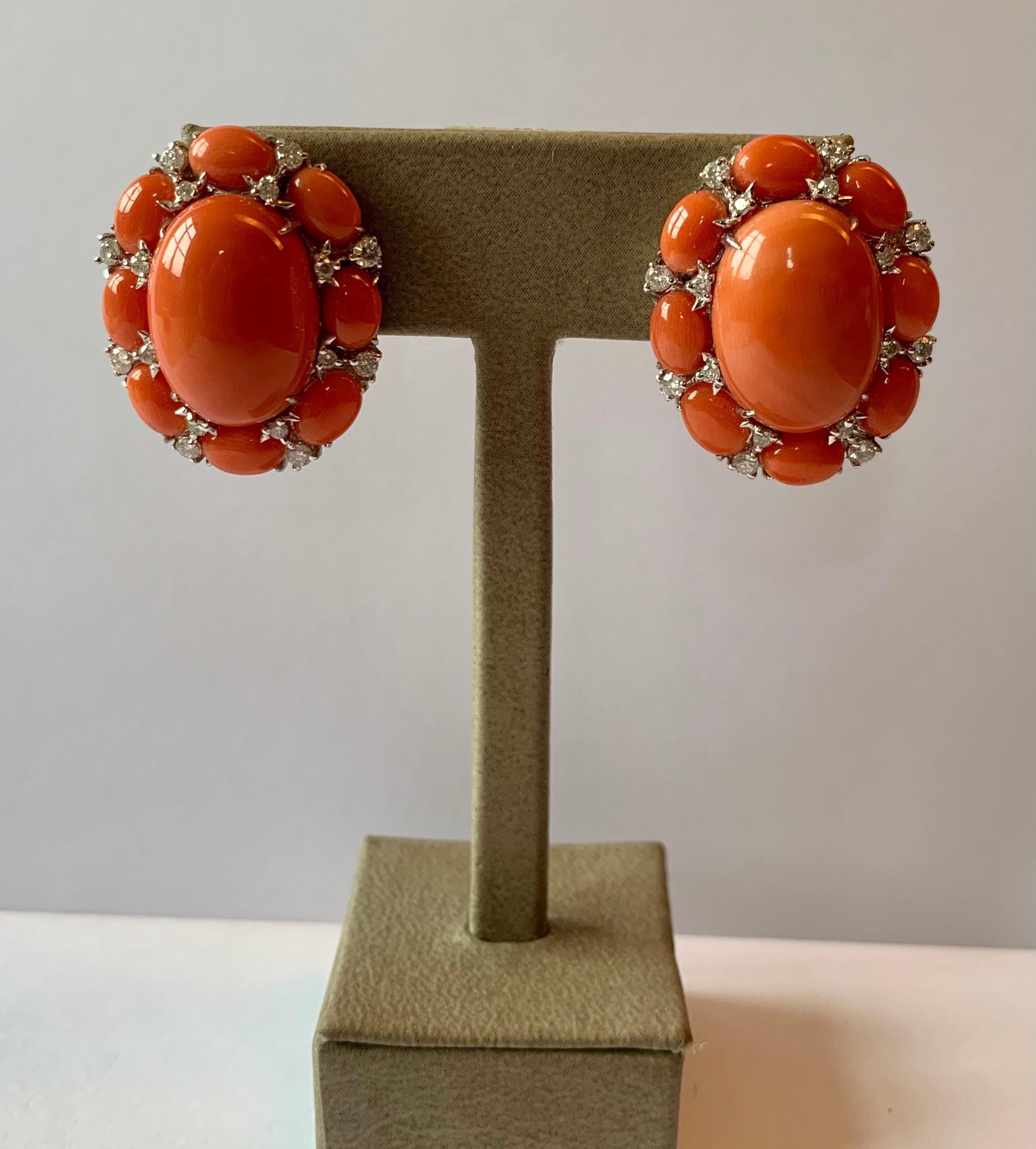 Cabochon 18 K White Gold Natural Coral and Diamonds Ear Clips For Sale