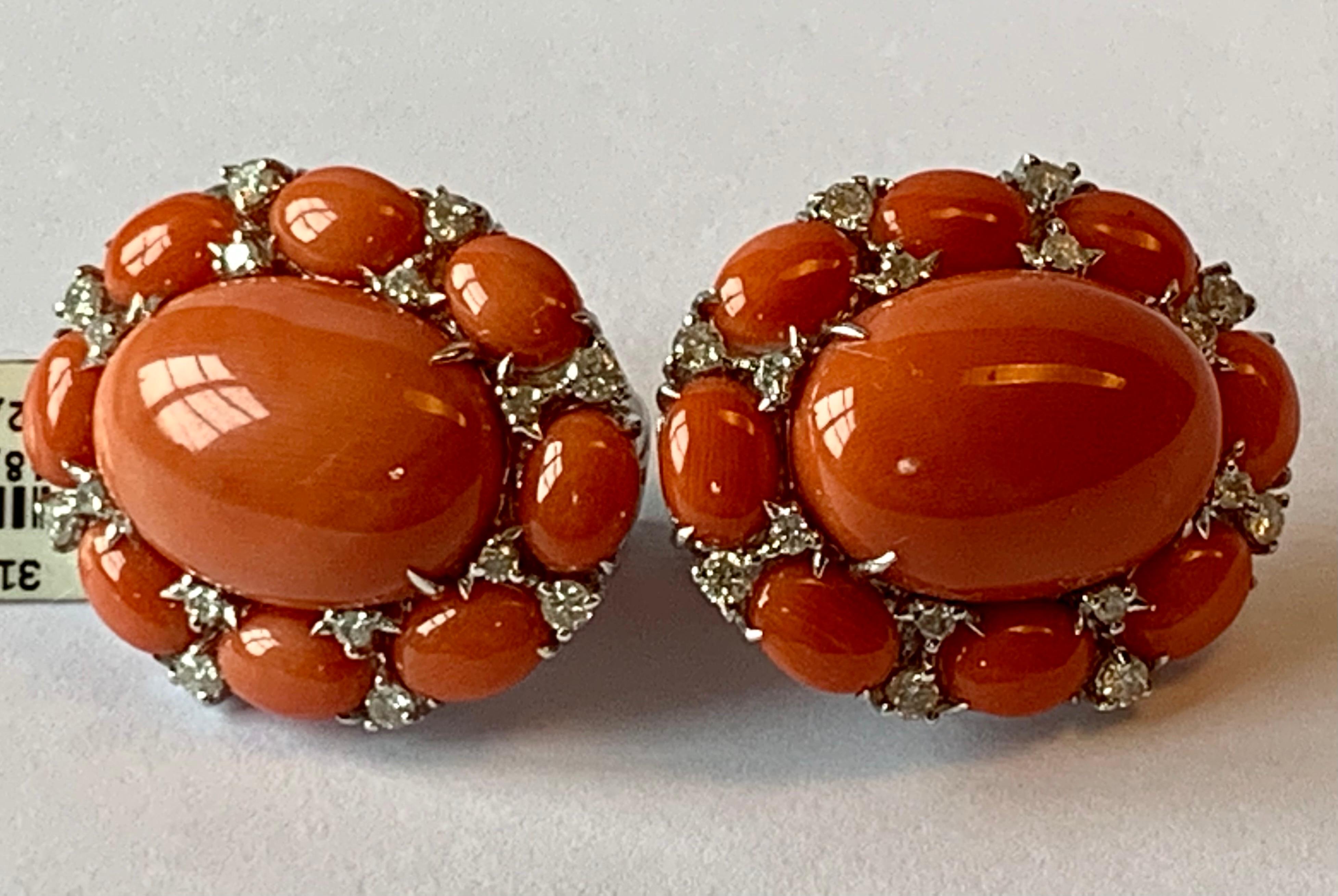 18 K White Gold Natural Coral and Diamonds Ear Clips For Sale 3