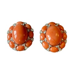 18 K White Gold Natural Coral and Diamonds Ear Clips