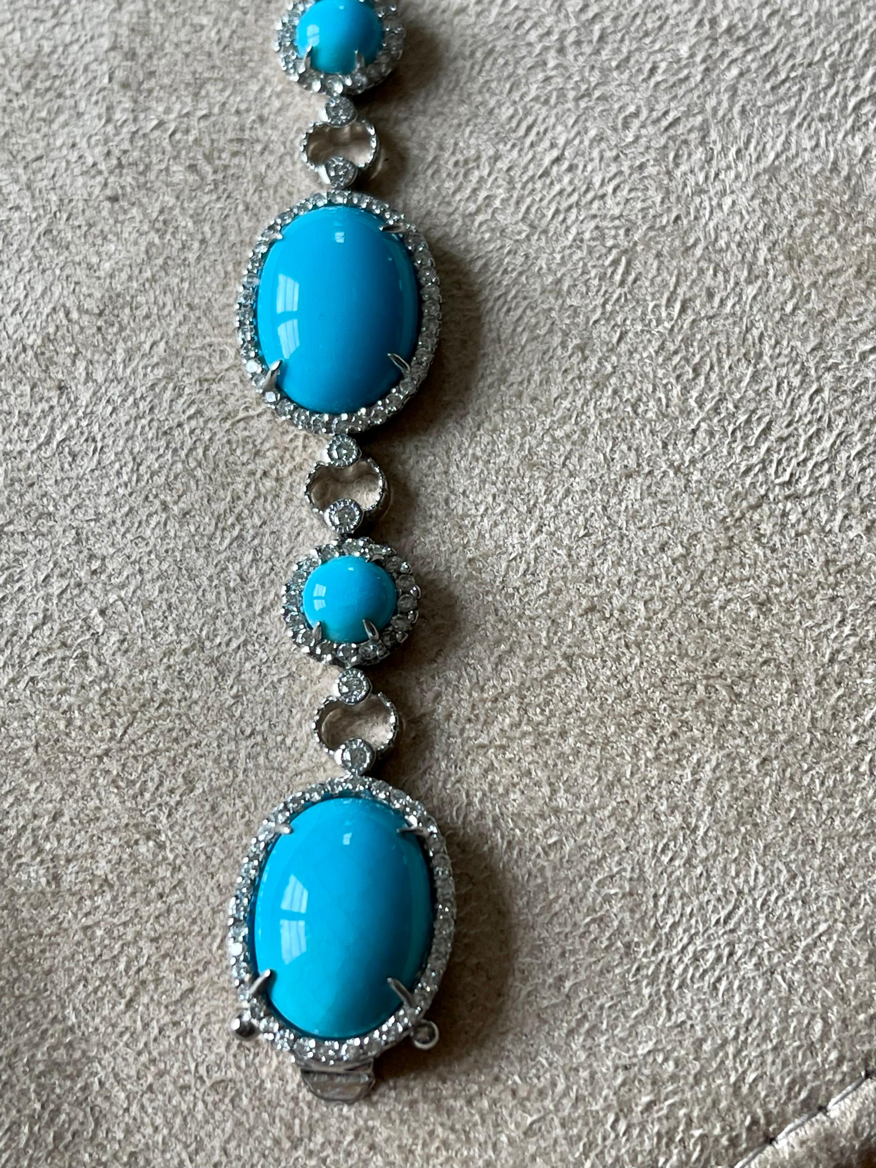 Attractive 18 K white Gold bracelet featuring 10 natural slepping Beauty Turquoise Cabochons each aurroounded by a total 0f 295 brilliant cut Diamonds weighing 1.80 ct. 
Length: 19 cm
Masterfully handcrafted piece! Authenticity and money back is