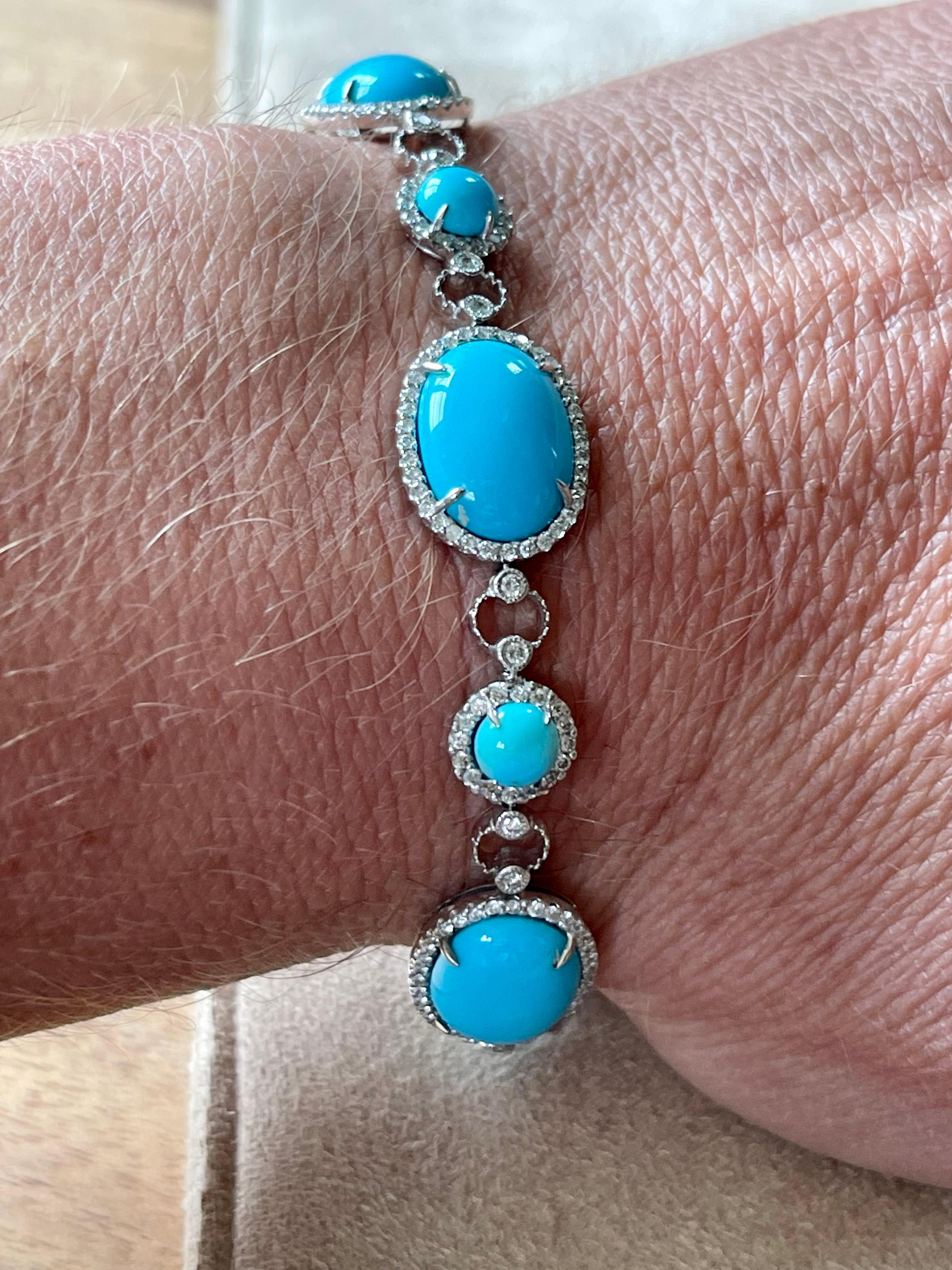 Contemporary 18 K White Gold Natural Sleeping Beauty Turquoise Diamonds Bracelet For Sale