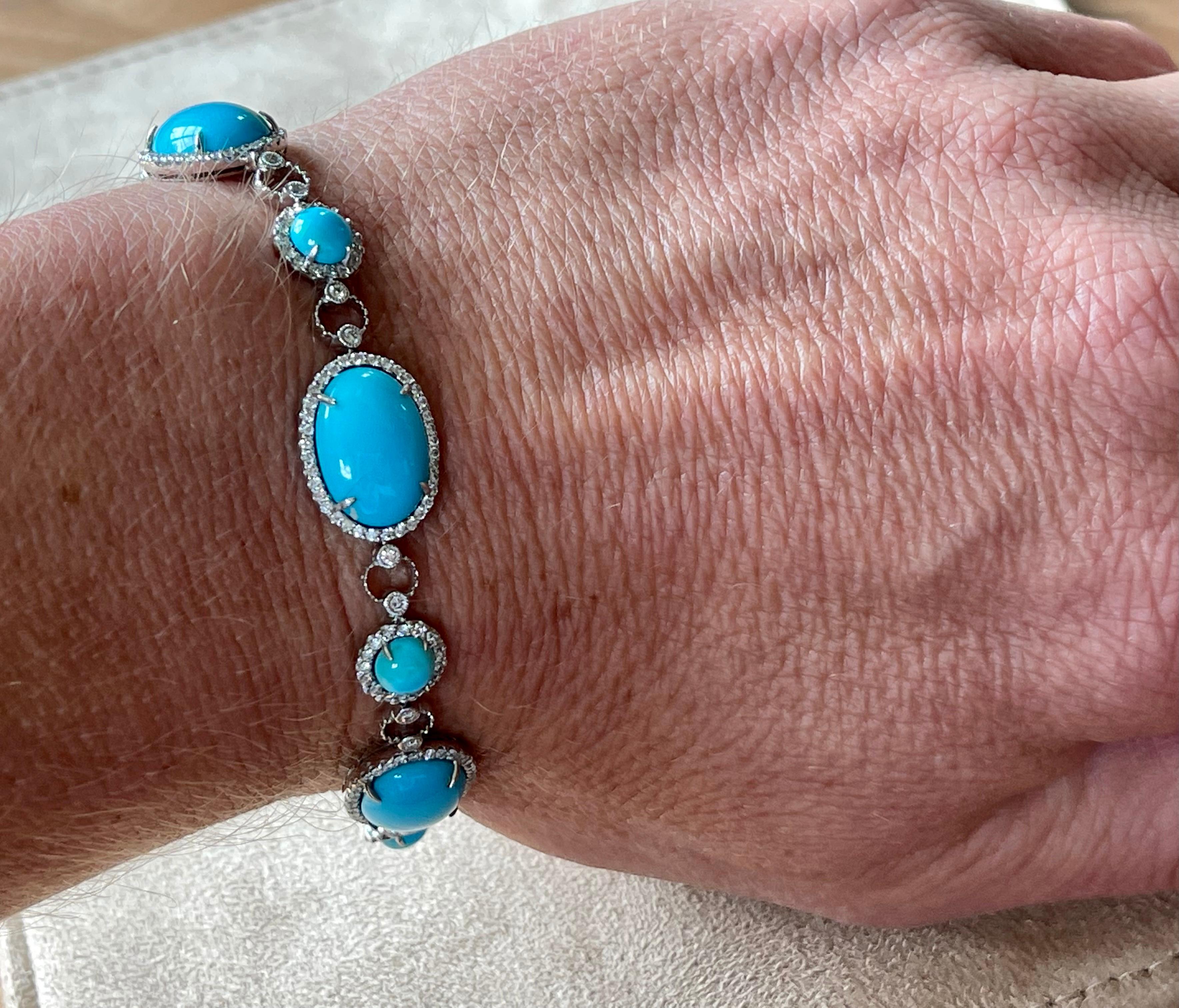 Cabochon 18 K White Gold Natural Sleeping Beauty Turquoise Diamonds Bracelet For Sale