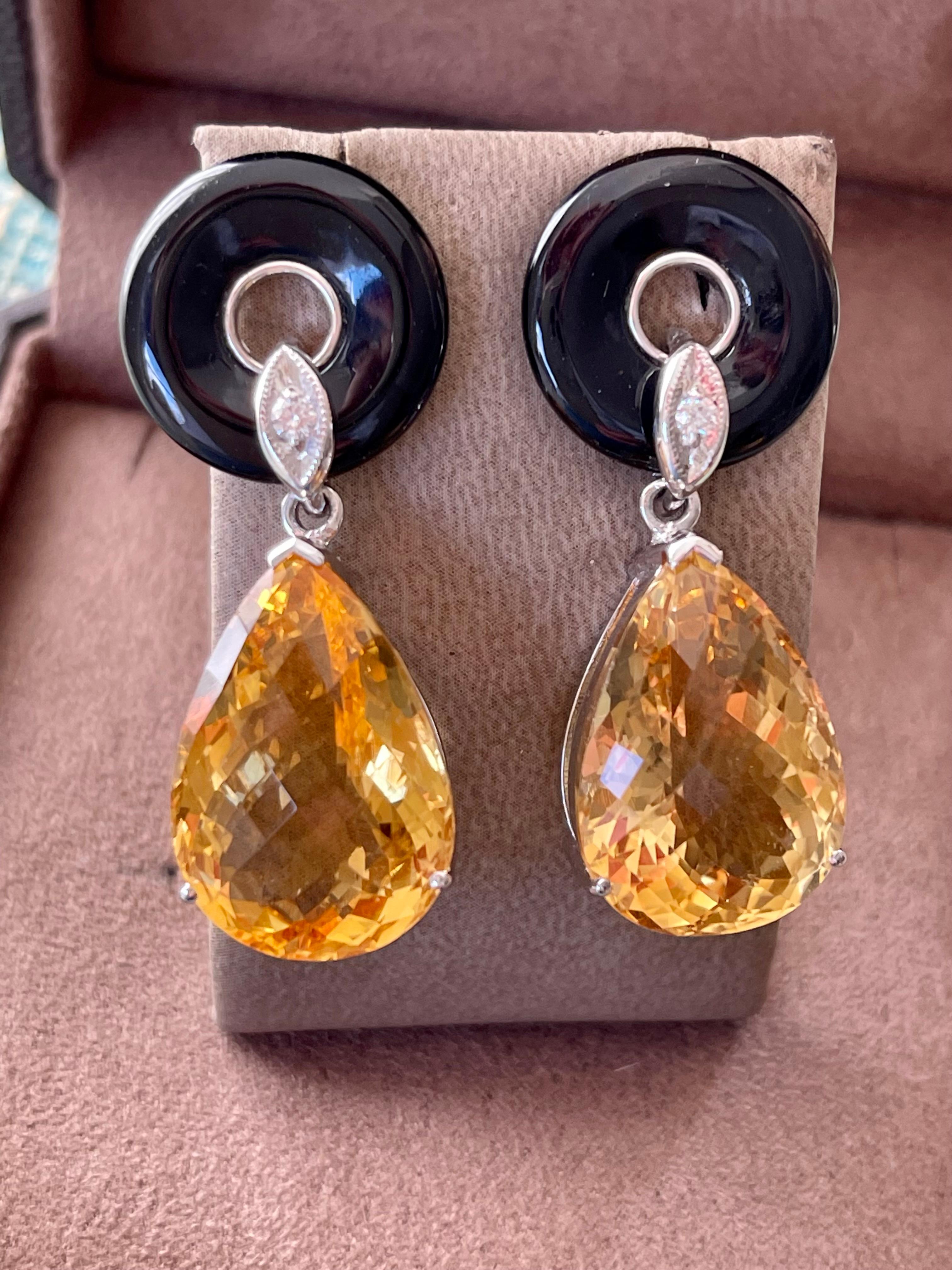 18 K White Gold Onyx Citrine Diamond Dangle Earrings For Sale 1