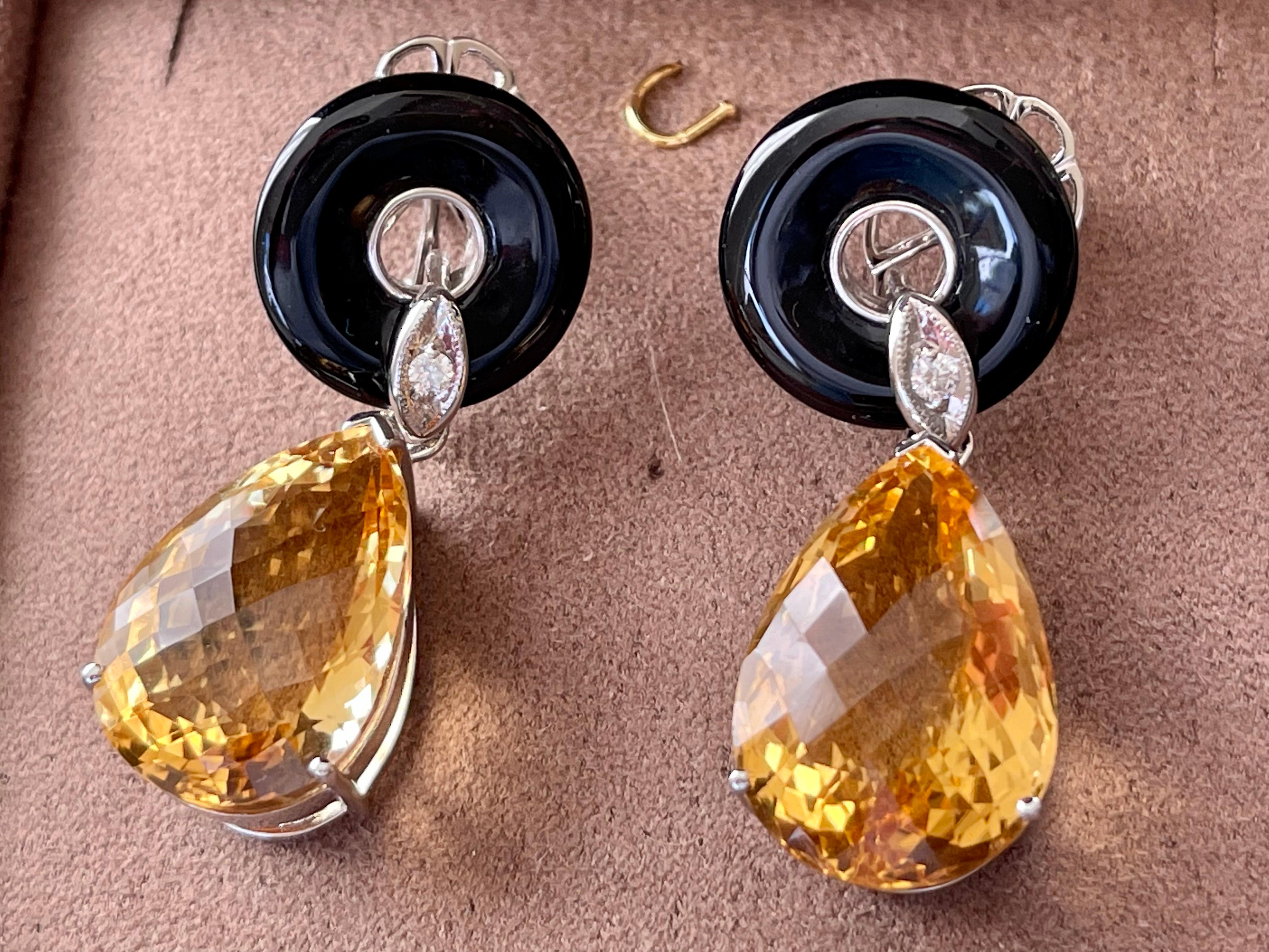 Contemporary 18 K White Gold Onyx Citrine Diamond Dangle Earrings For Sale