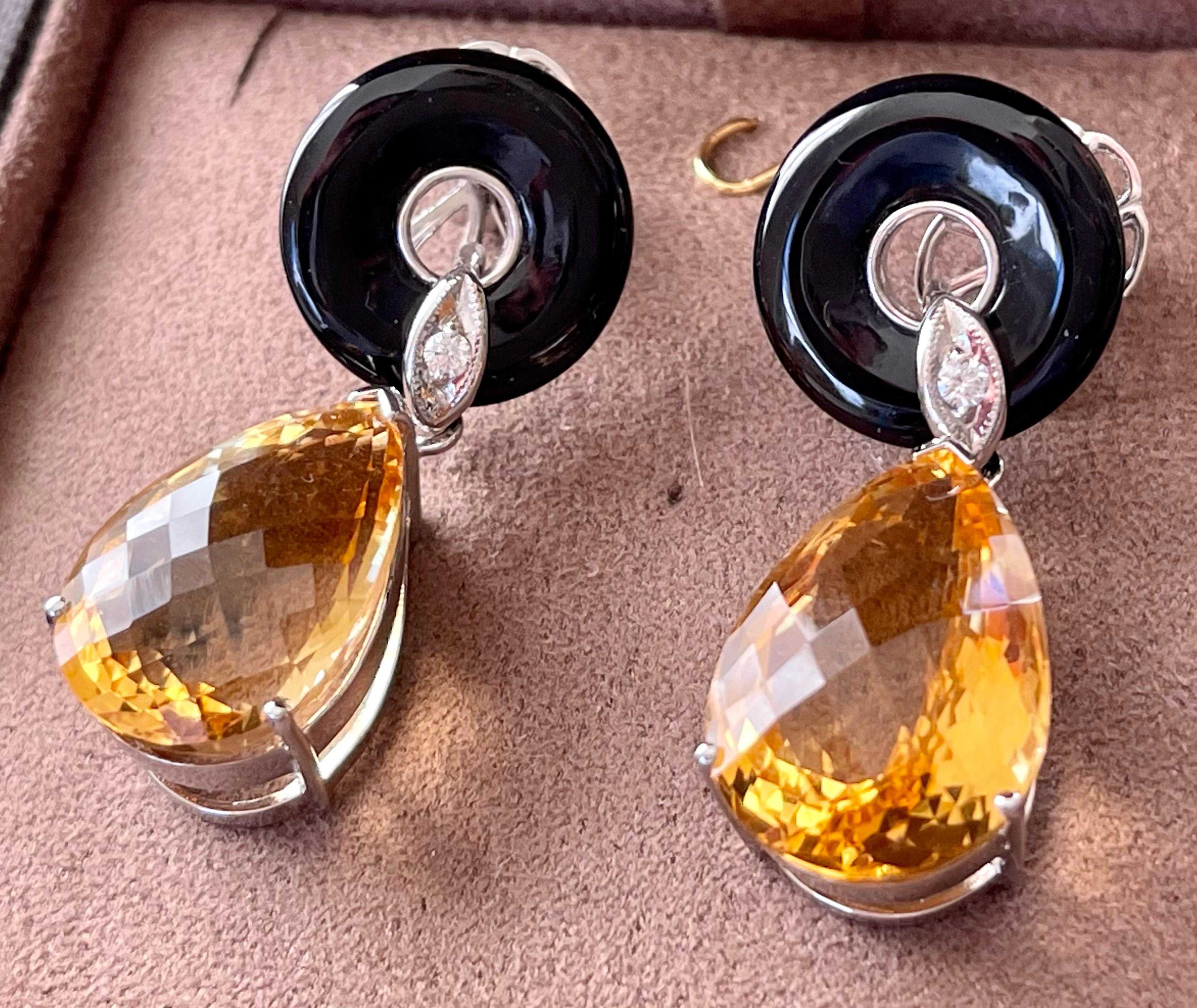 Pear Cut 18 K White Gold Onyx Citrine Diamond Dangle Earrings For Sale