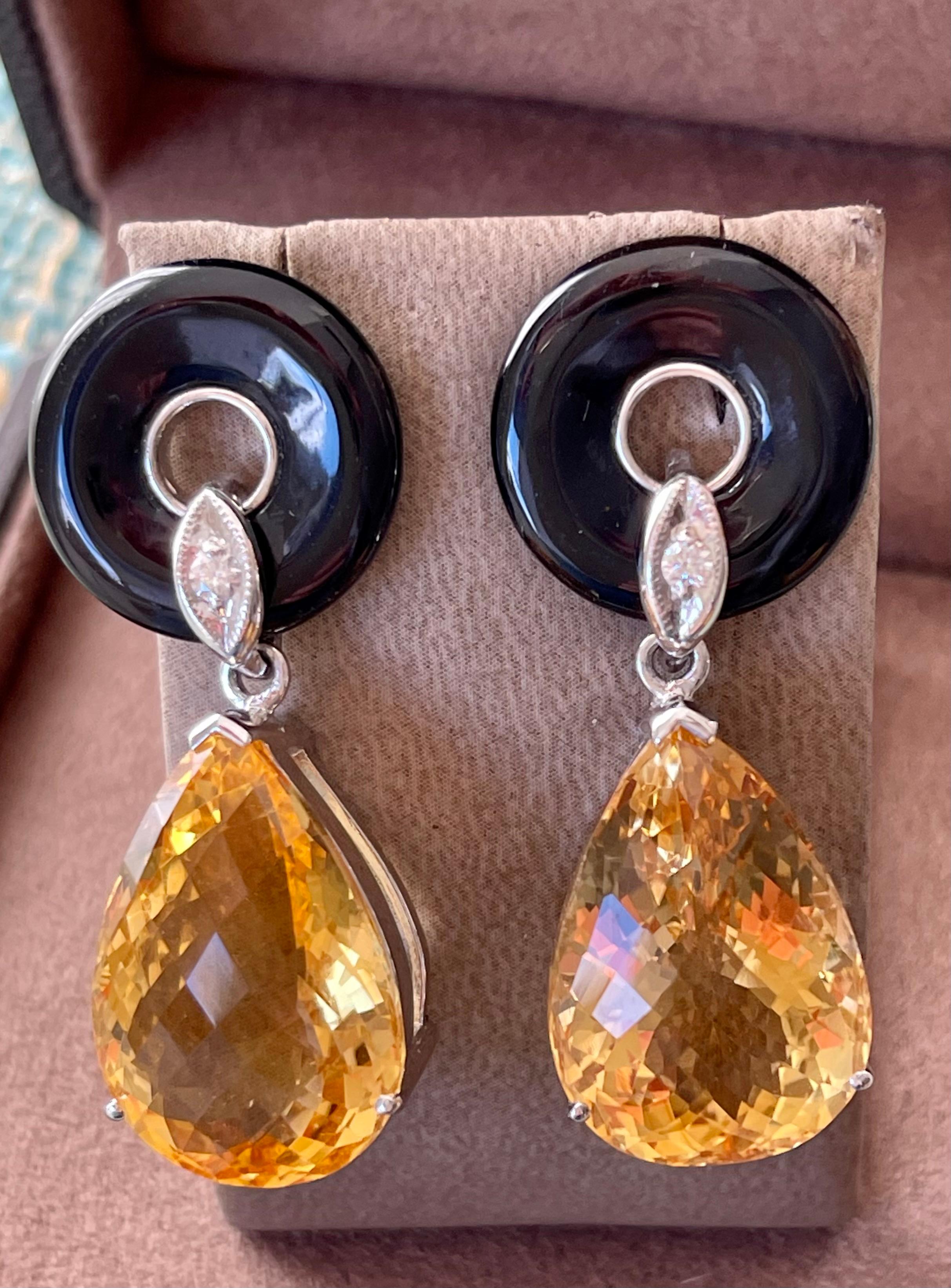 Women's or Men's 18 K White Gold Onyx Citrine Diamond Dangle Earrings For Sale