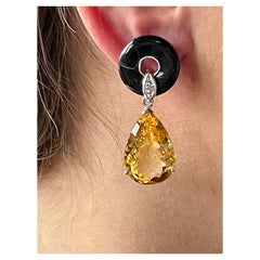 18 K White Gold Onyx Citrine Diamond Dangle Earrings