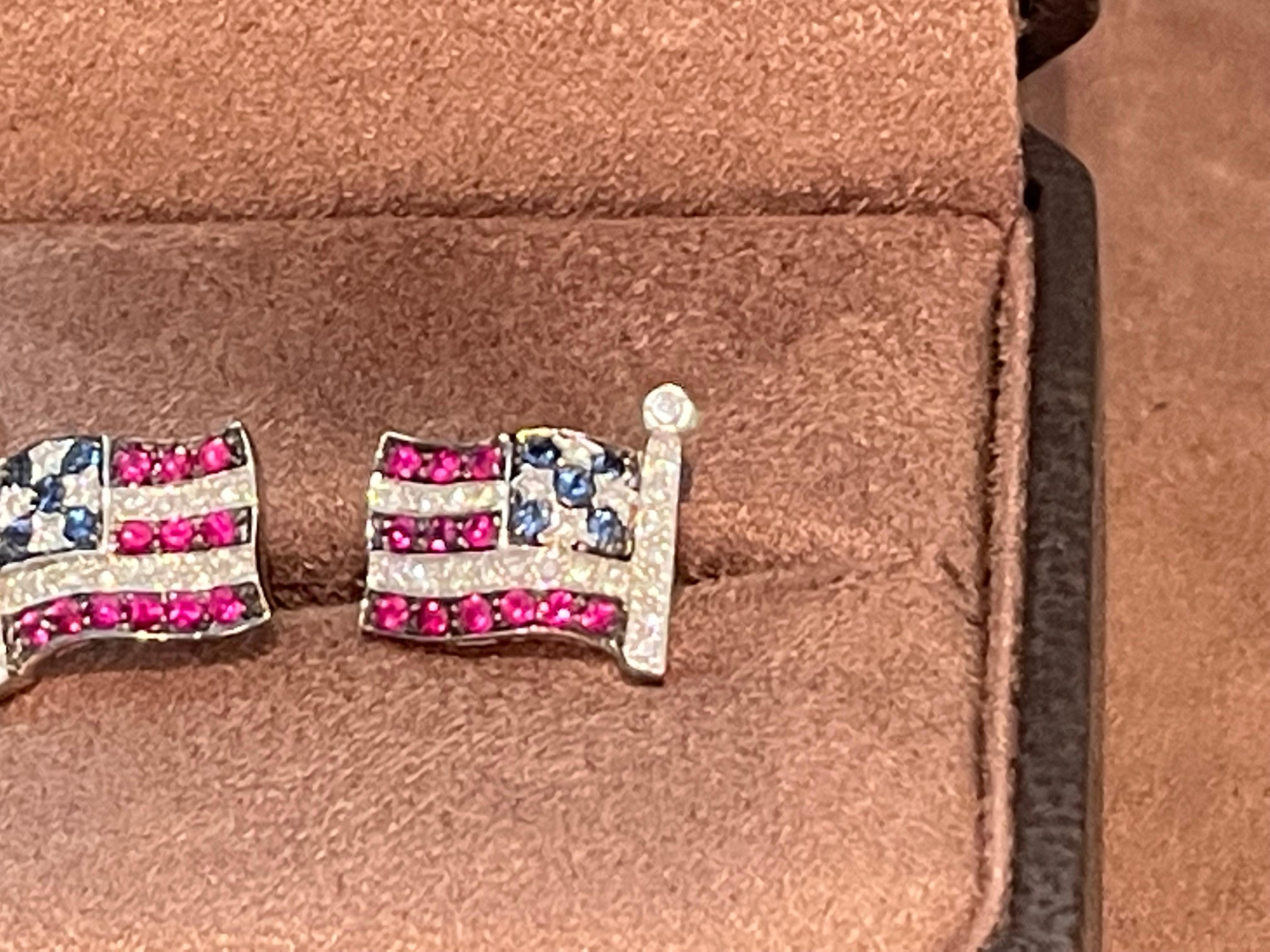 18 K white Gold patriotic american flag cufflinks Sapphire Ruby Diamond For Sale 3