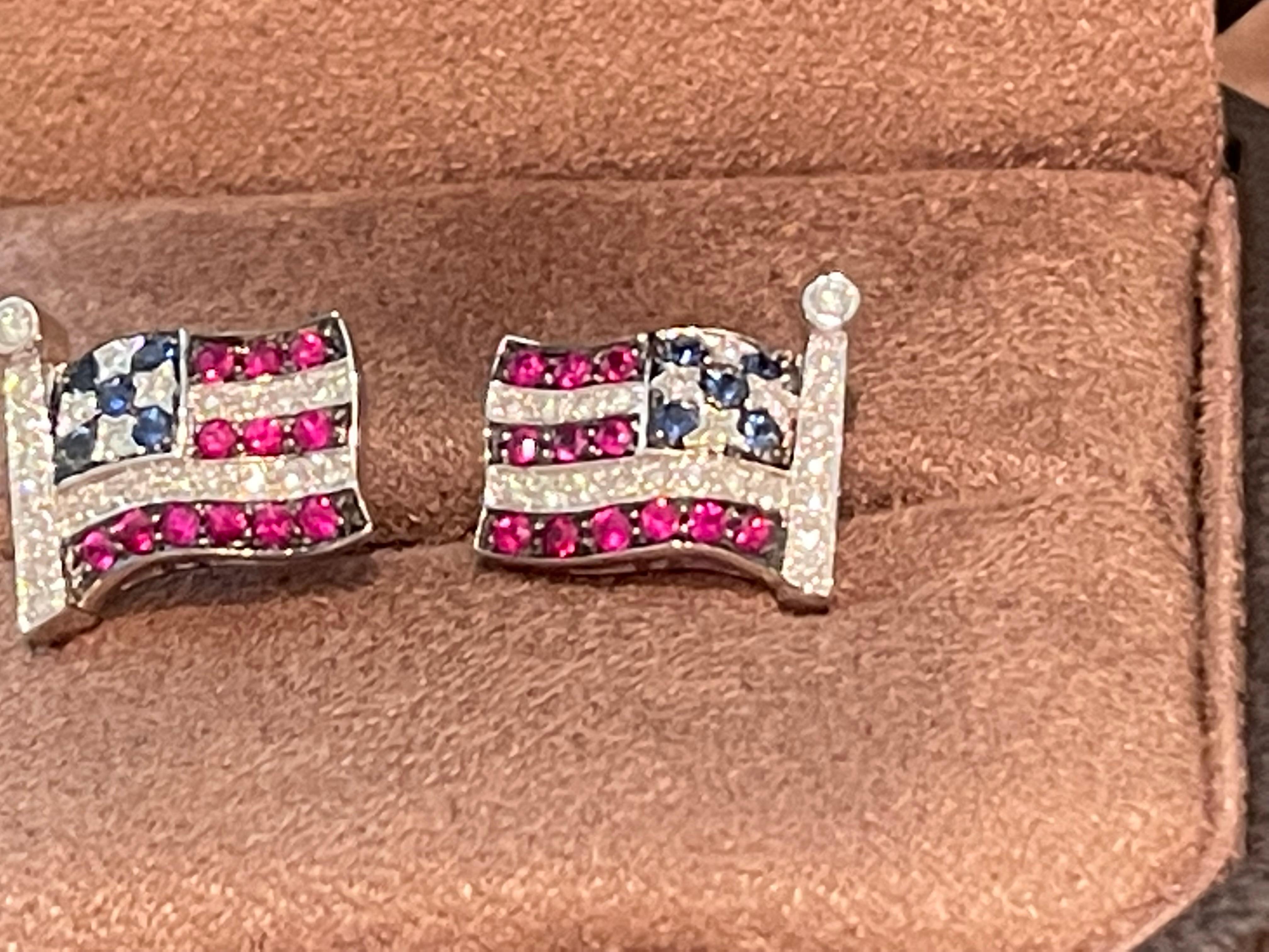 18 K white Gold patriotic american flag cufflinks Sapphire Ruby Diamond For Sale 4