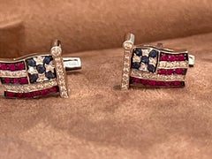 18 K white Gold patriotic american flag cufflinks Sapphire Ruby Diamond