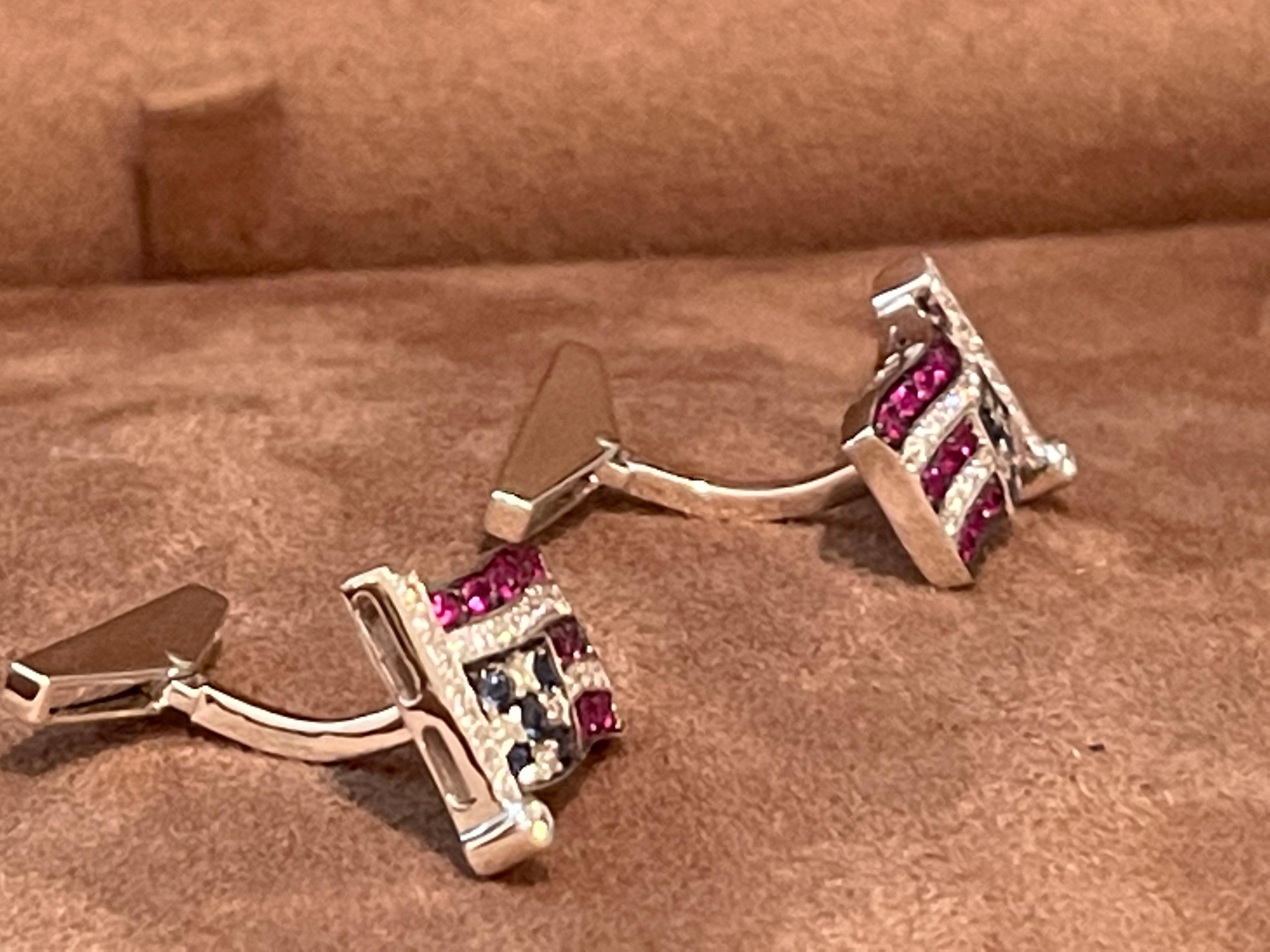 Brilliant Cut 18 K white Gold patriotic american flag cufflinks Sapphire Ruby Diamond For Sale