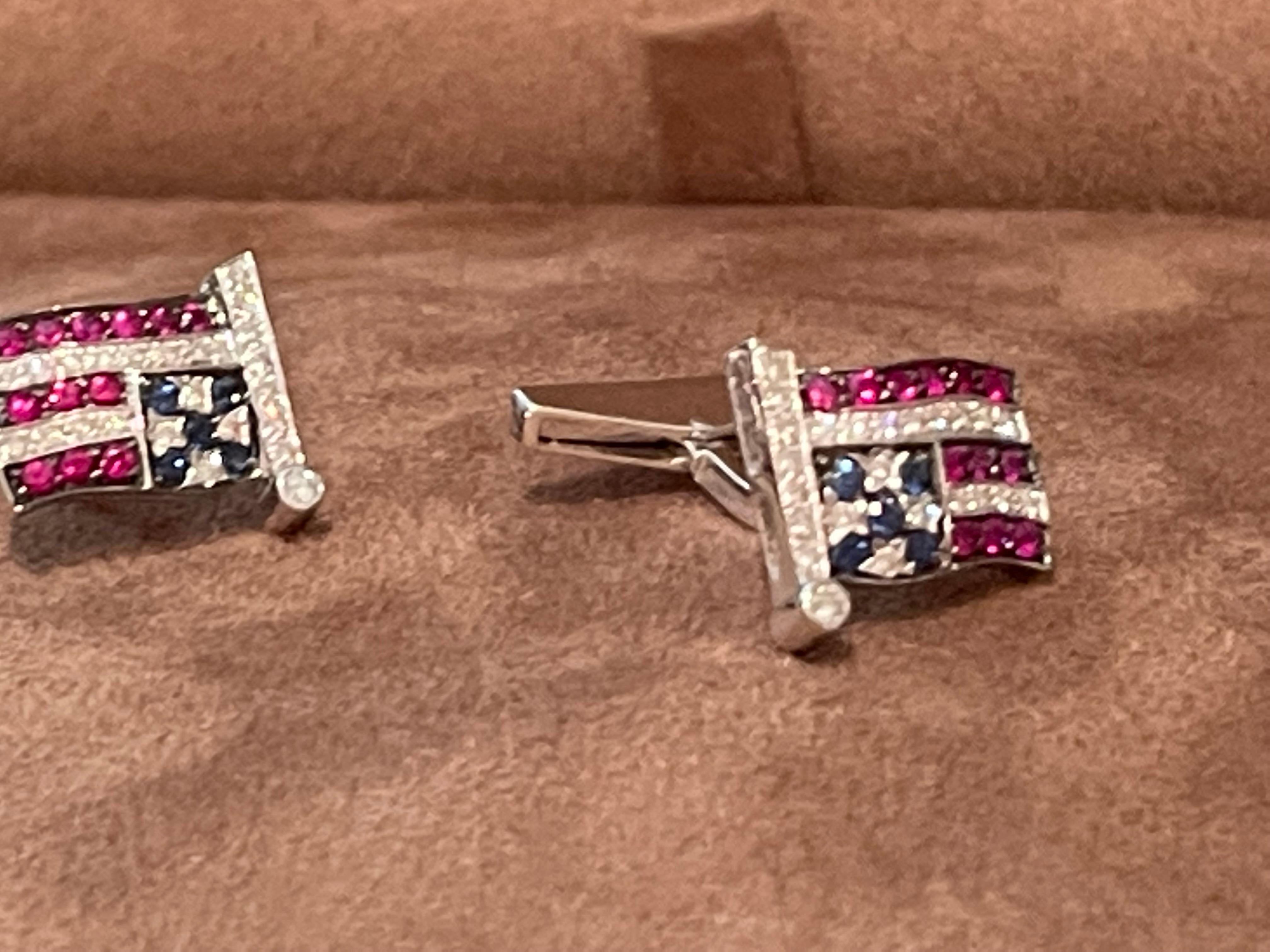 18 K white Gold patriotic american flag cufflinks Sapphire Ruby Diamond For Sale 2