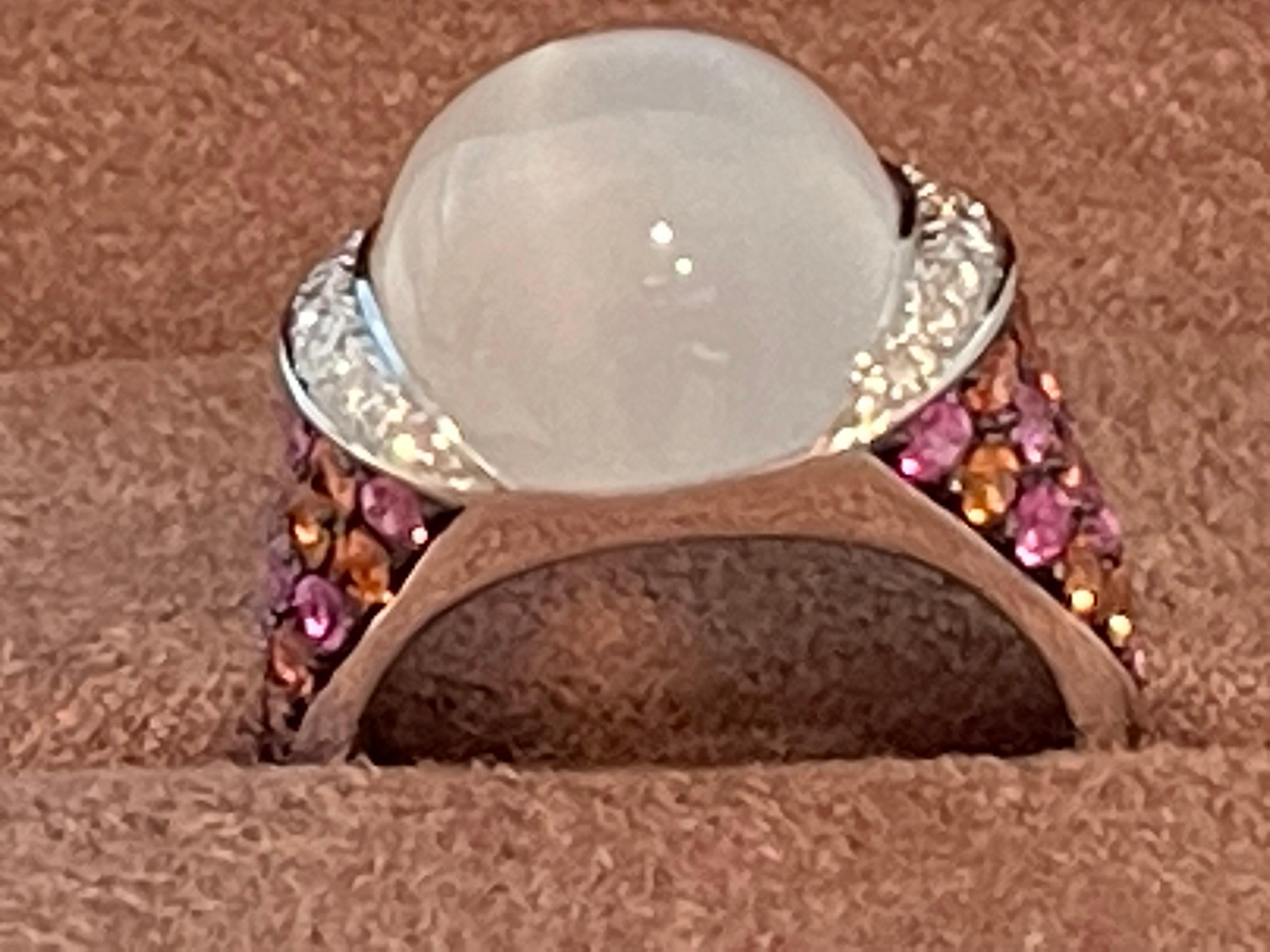 Cabochon 18 K White Gold Ring Fancy Sapphires Diamond Moonsotne Gueblin Lucerne For Sale