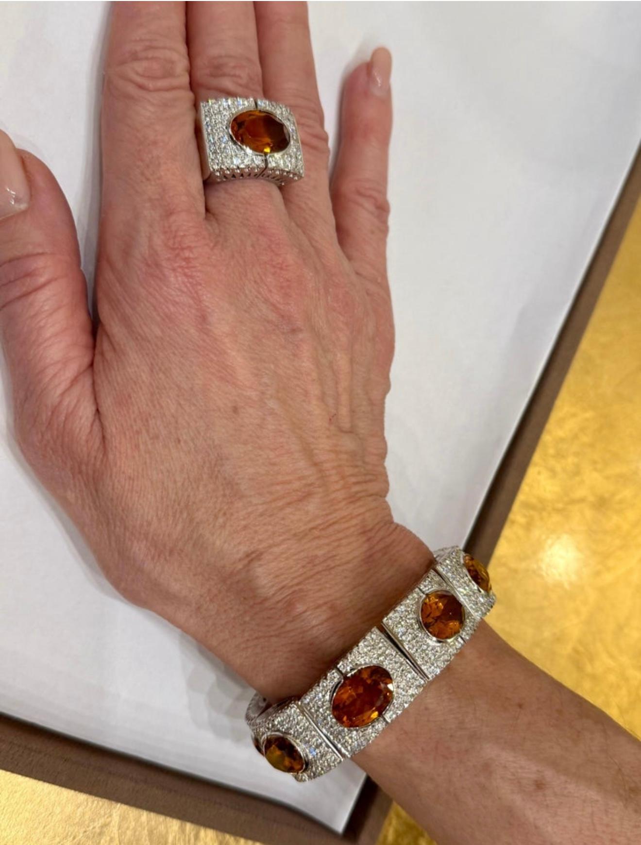 Women's or Men's 18 K white Gold Ring Madeira Citrine and Diamonds For Sale