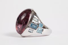 18 K White Gold Ring Set with A Tourmaline Cabochon and Aquamarine Baguette