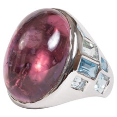 18 K White Gold Ring Set with A Tourmaline Cabochon and Aquamarine Baguette