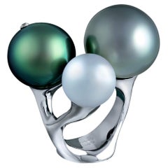 18 K White Gold Ring with White South Sea Pearl, Dark and Grey Tahitian Pearls