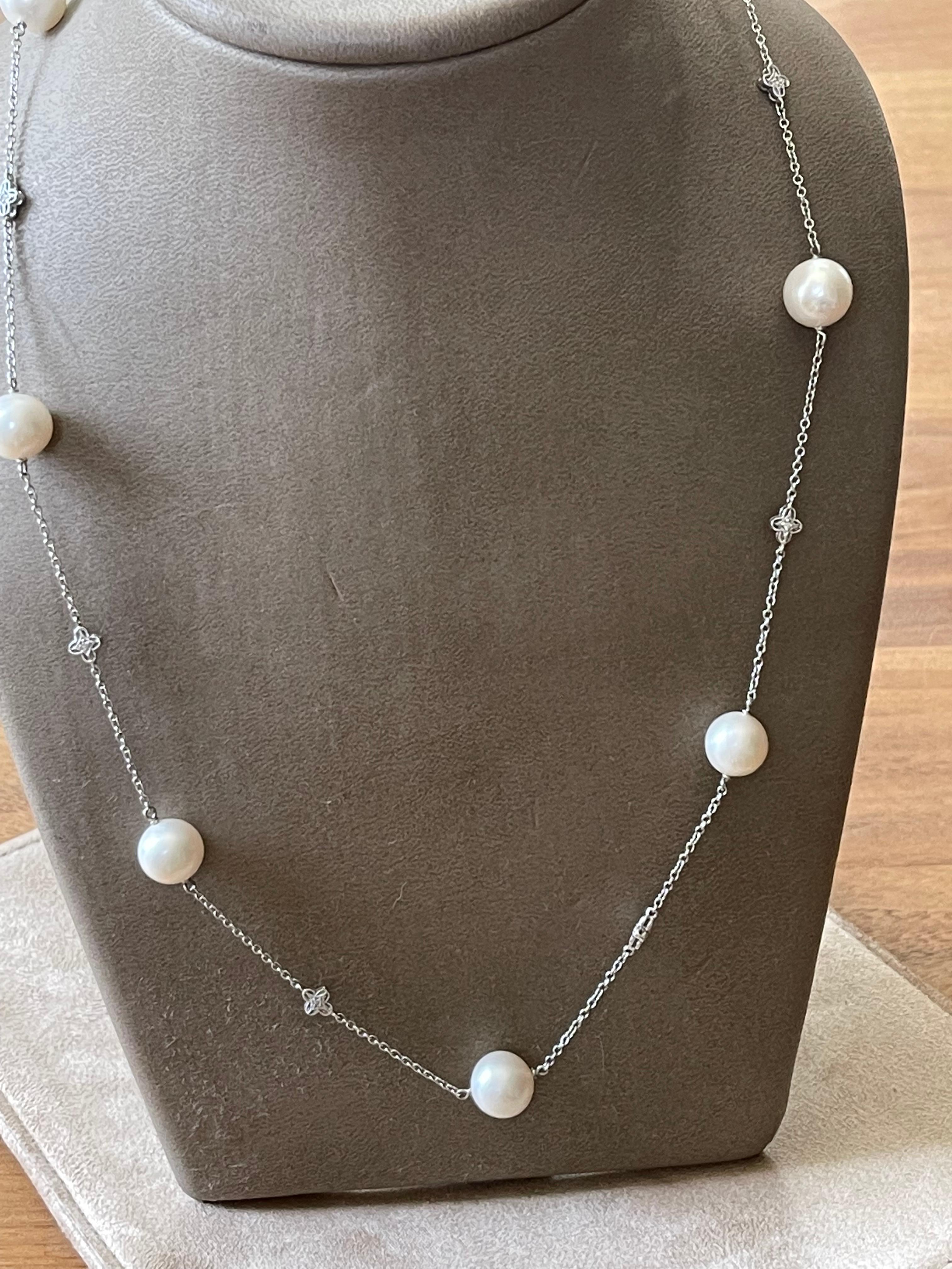 Contemporary 18 K White Gold Sautoir Necklace Pearls Diamonds