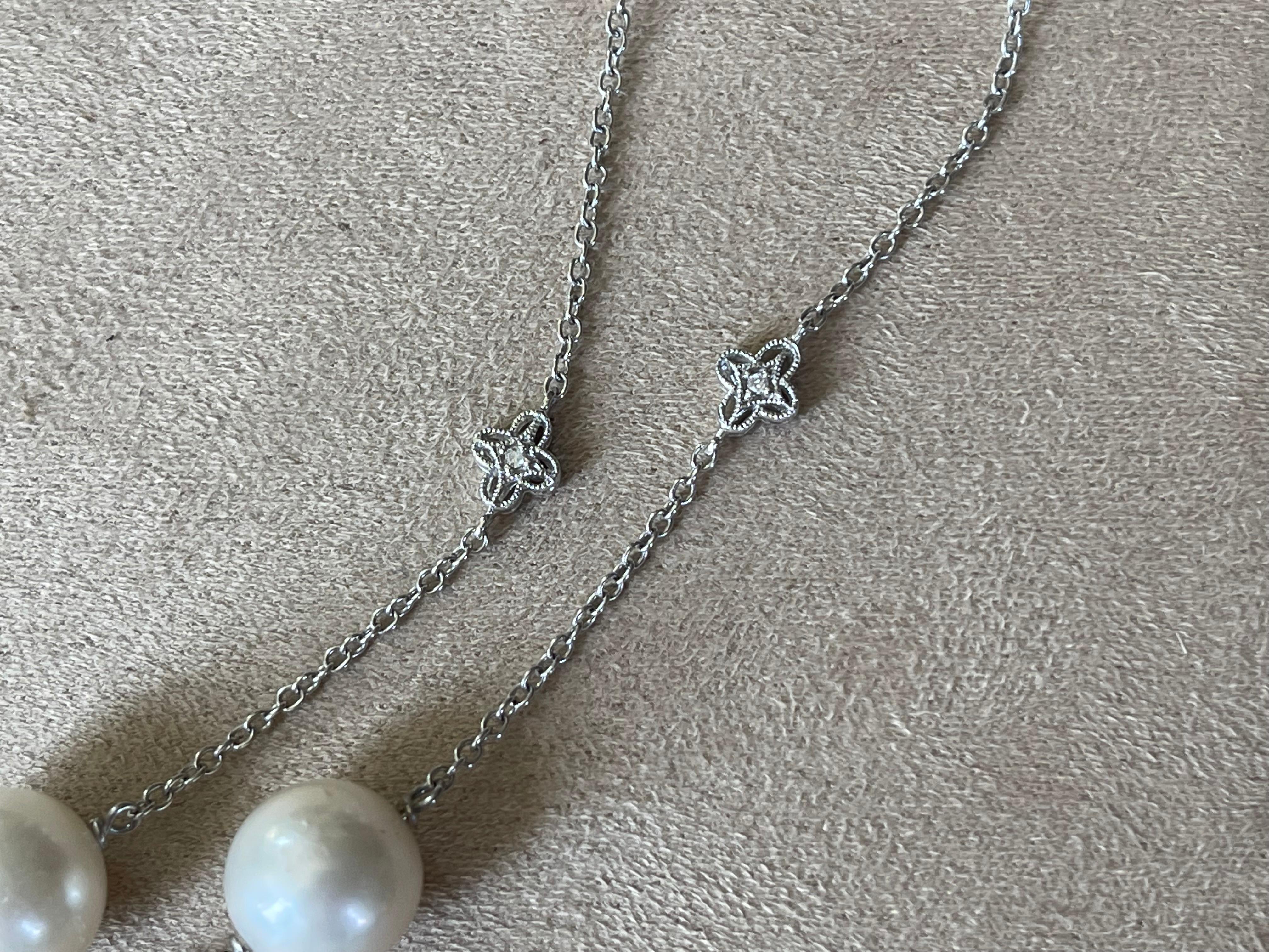 18 K White Gold Sautoir Necklace Pearls Diamonds In Good Condition In Zurich, Zollstrasse