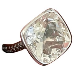18 K White Gold Solitaire Ring White Topaz 13.53 Ct Black Diamonds