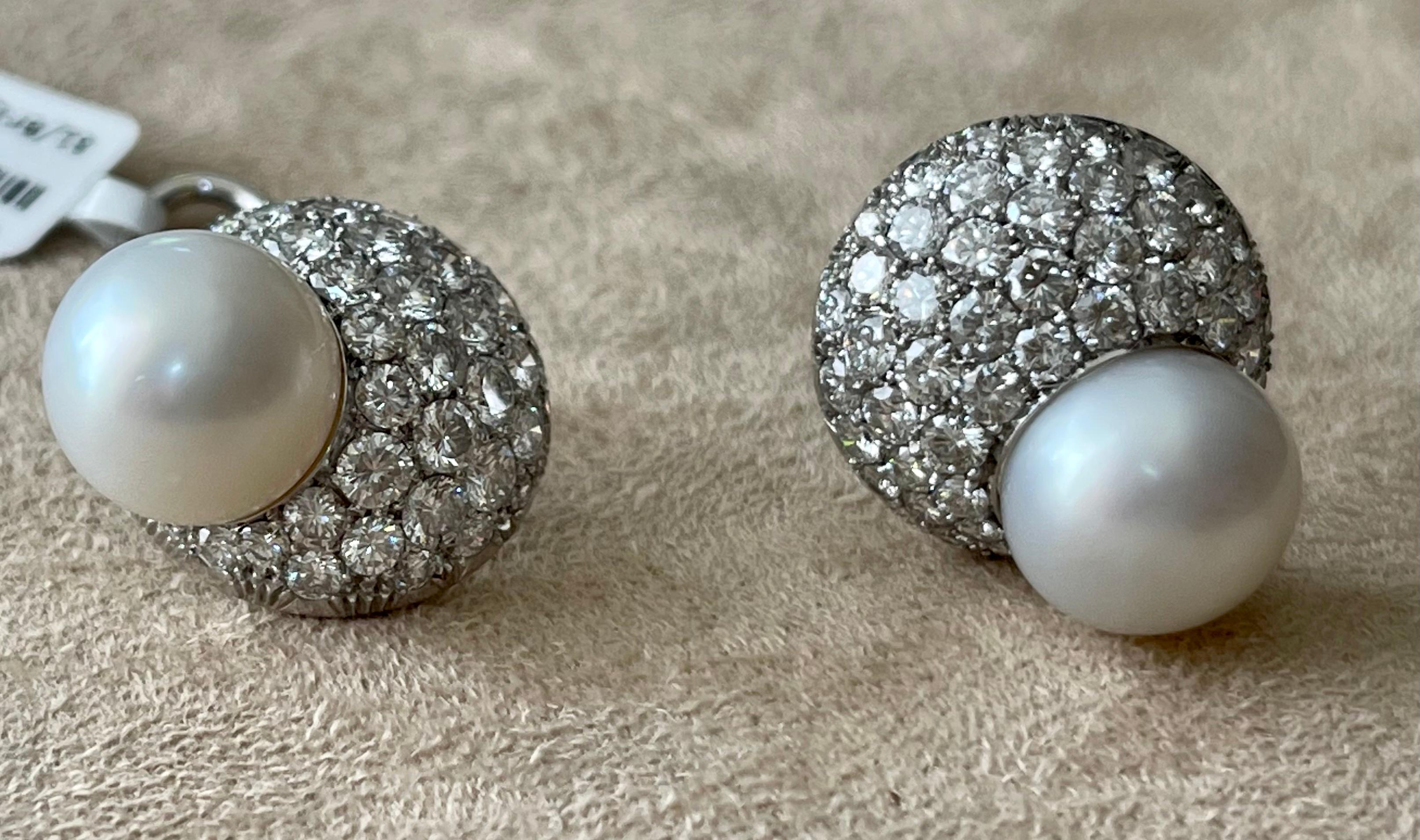 Brilliant Cut 18 K White Gold South Sea Pearl Diamond Earrings For Sale