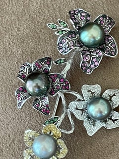 18 K White Gold Spray Brooch or Pendant Tahitian Pearls Colored Stones Diamonds