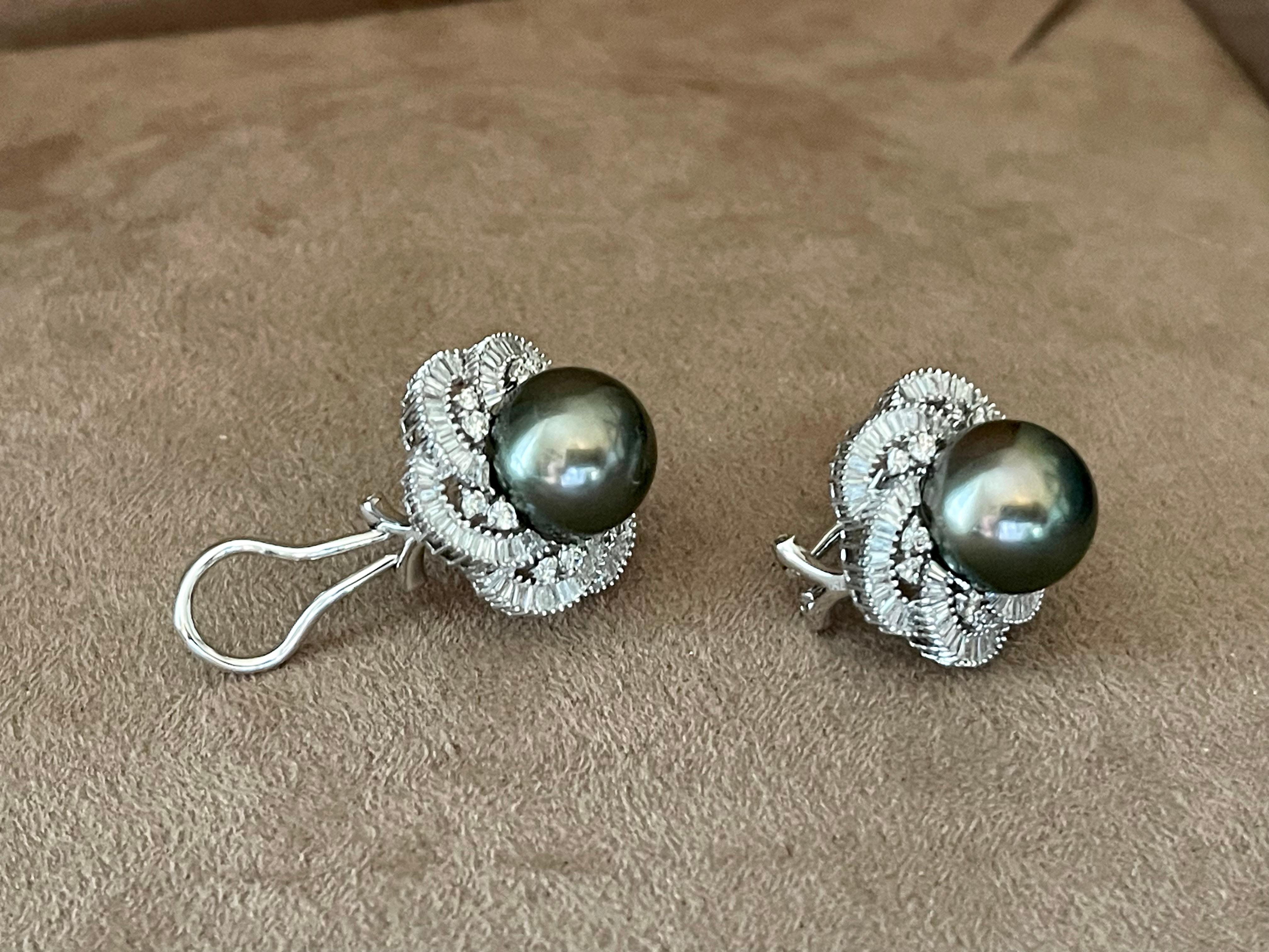 Contemporary 18 K White Gold Tahitian Pearl Halo Diamond Earrings Tapered Baguette For Sale
