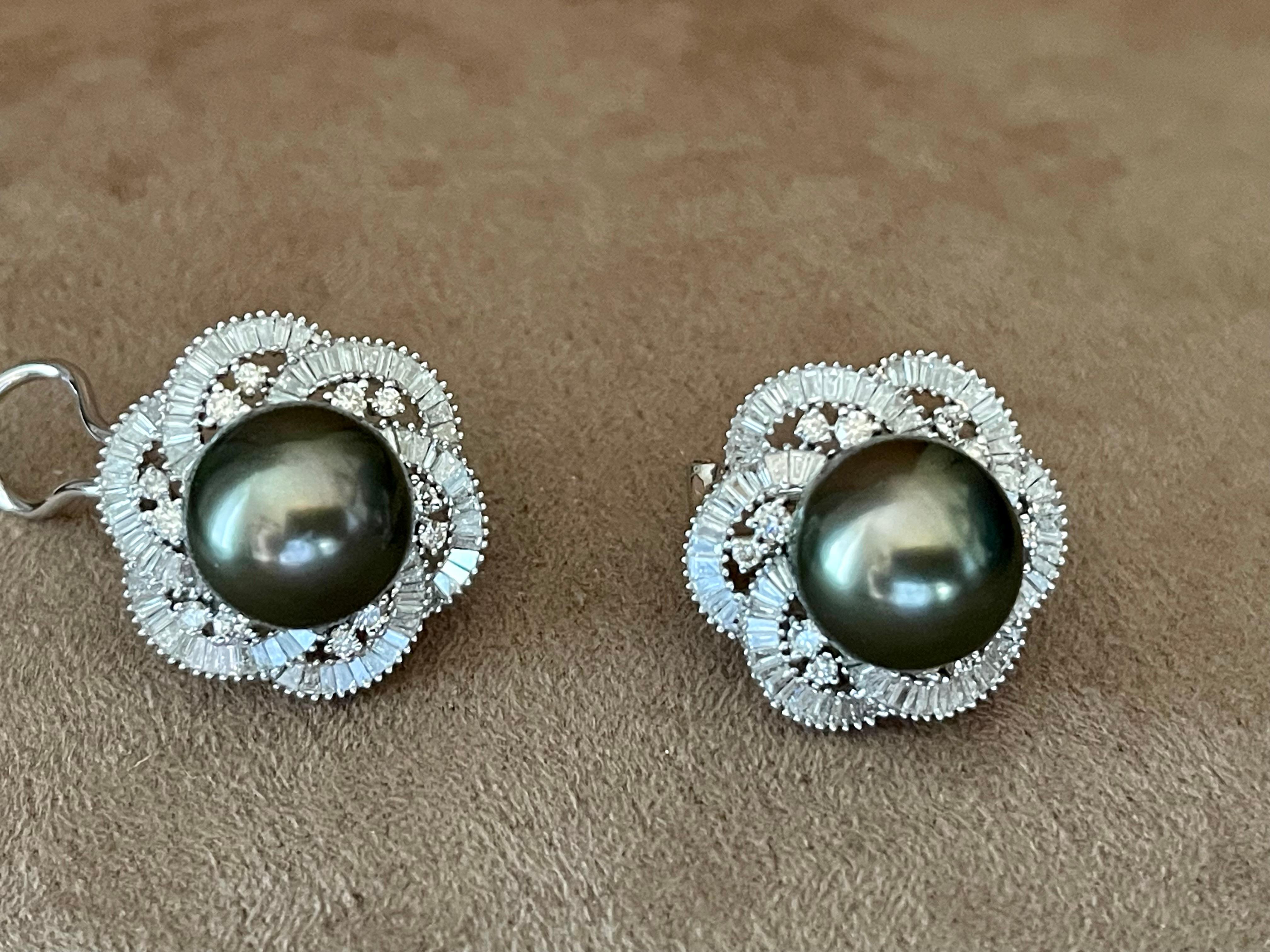 Baguette Cut 18 K White Gold Tahitian Pearl Halo Diamond Earrings Tapered Baguette For Sale