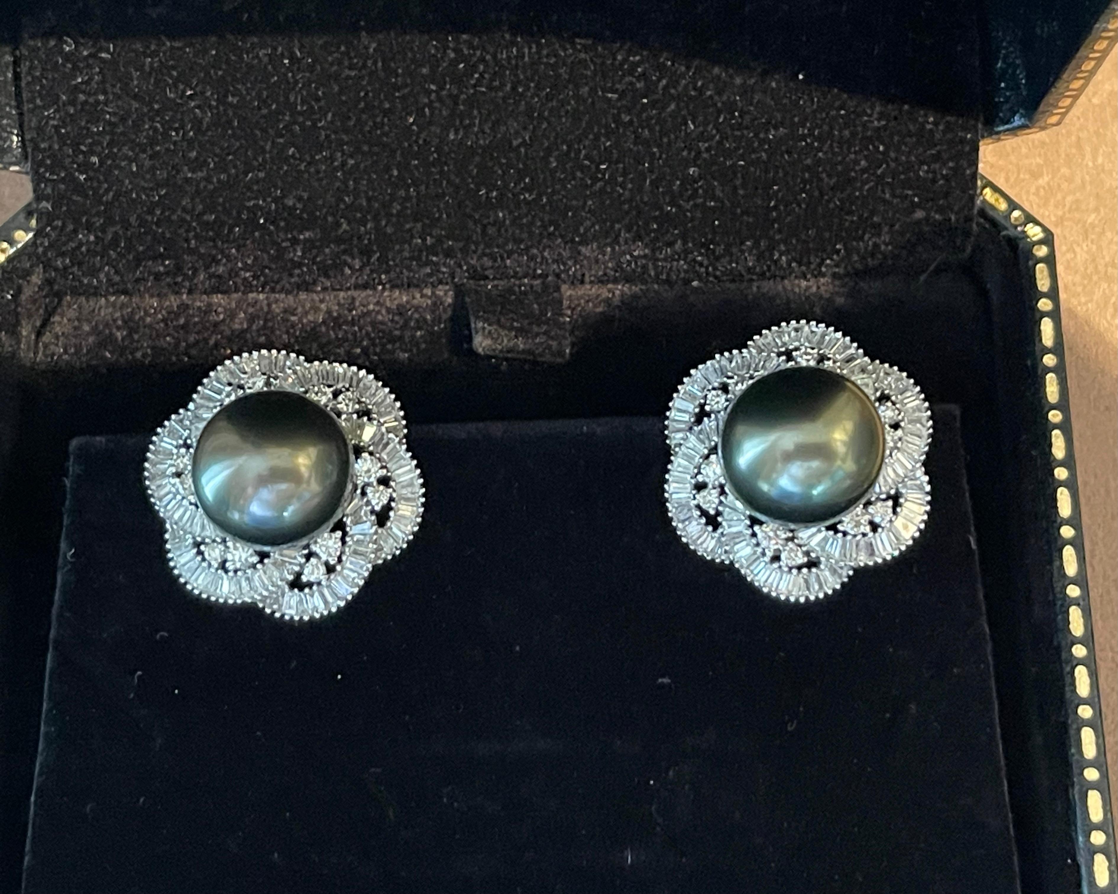18 K White Gold Tahitian Pearl Halo Diamond Earrings Tapered Baguette For Sale 1