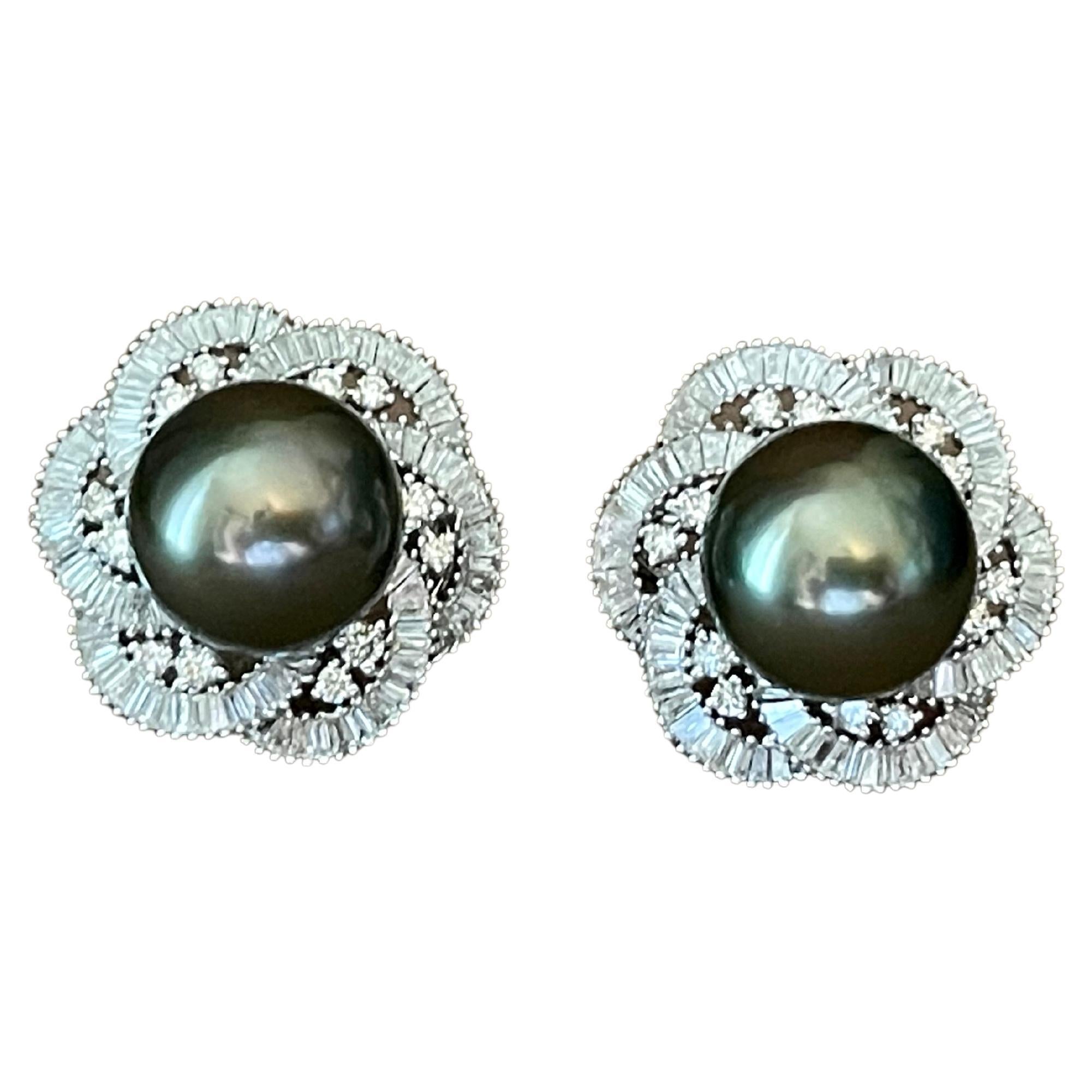 18 K White Gold Tahitian Pearl Halo Diamond Earrings Tapered Baguette For Sale