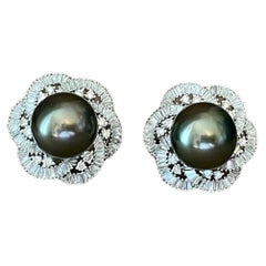 18 K White Gold Tahitian Pearl Halo Diamond Earrings Tapered Baguette