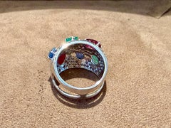 18 K white Gold Tutti Frutti Carved Ruby Sapphire Emerald Diamond Ring