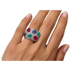 18 K white Gold Tutti Frutti Carved Ruby Sapphire Emerald Diamond Ring