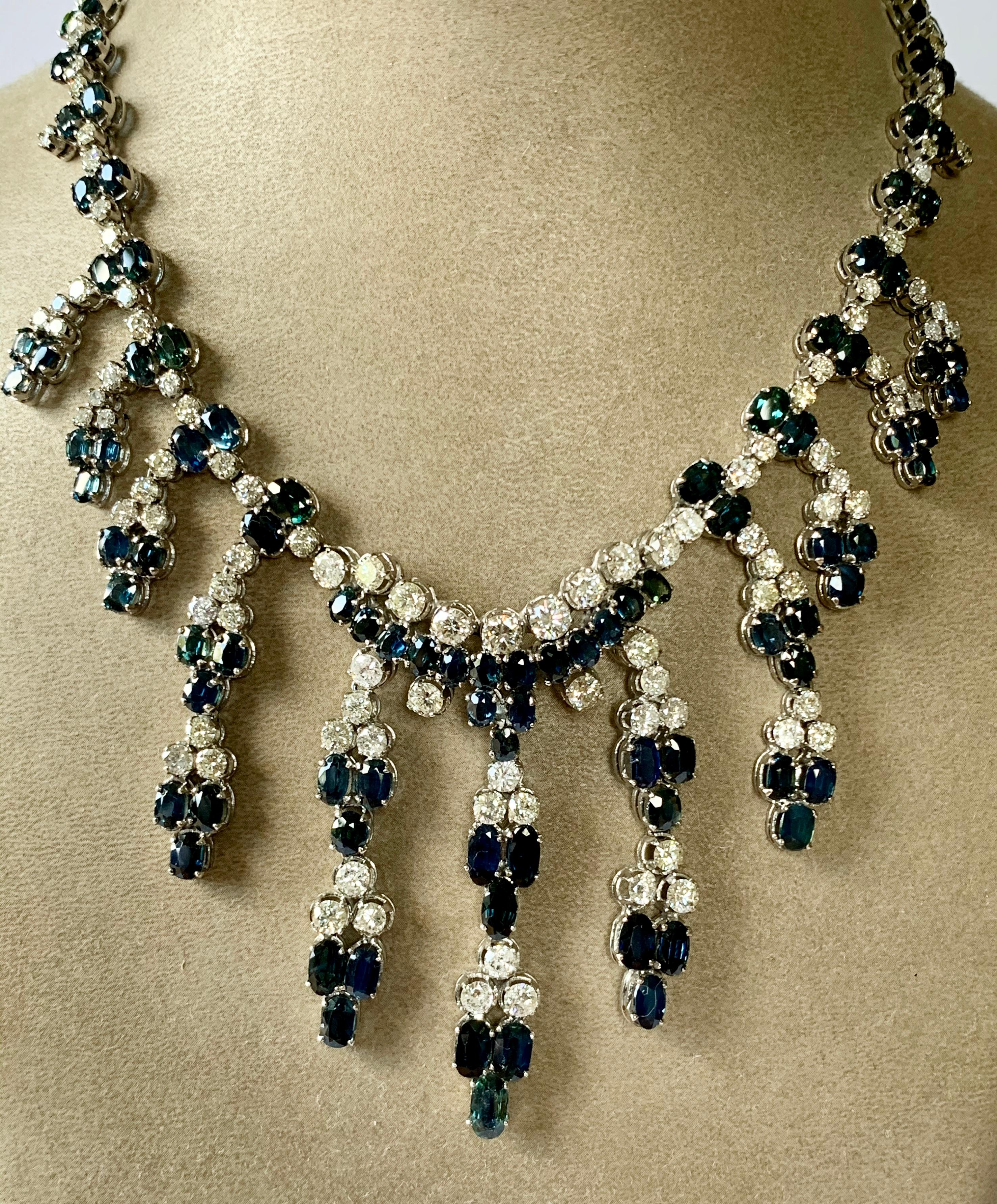 Contemporary 18 K White Gold Vintage Diamond and Sapphire Fringe Necklace For Sale