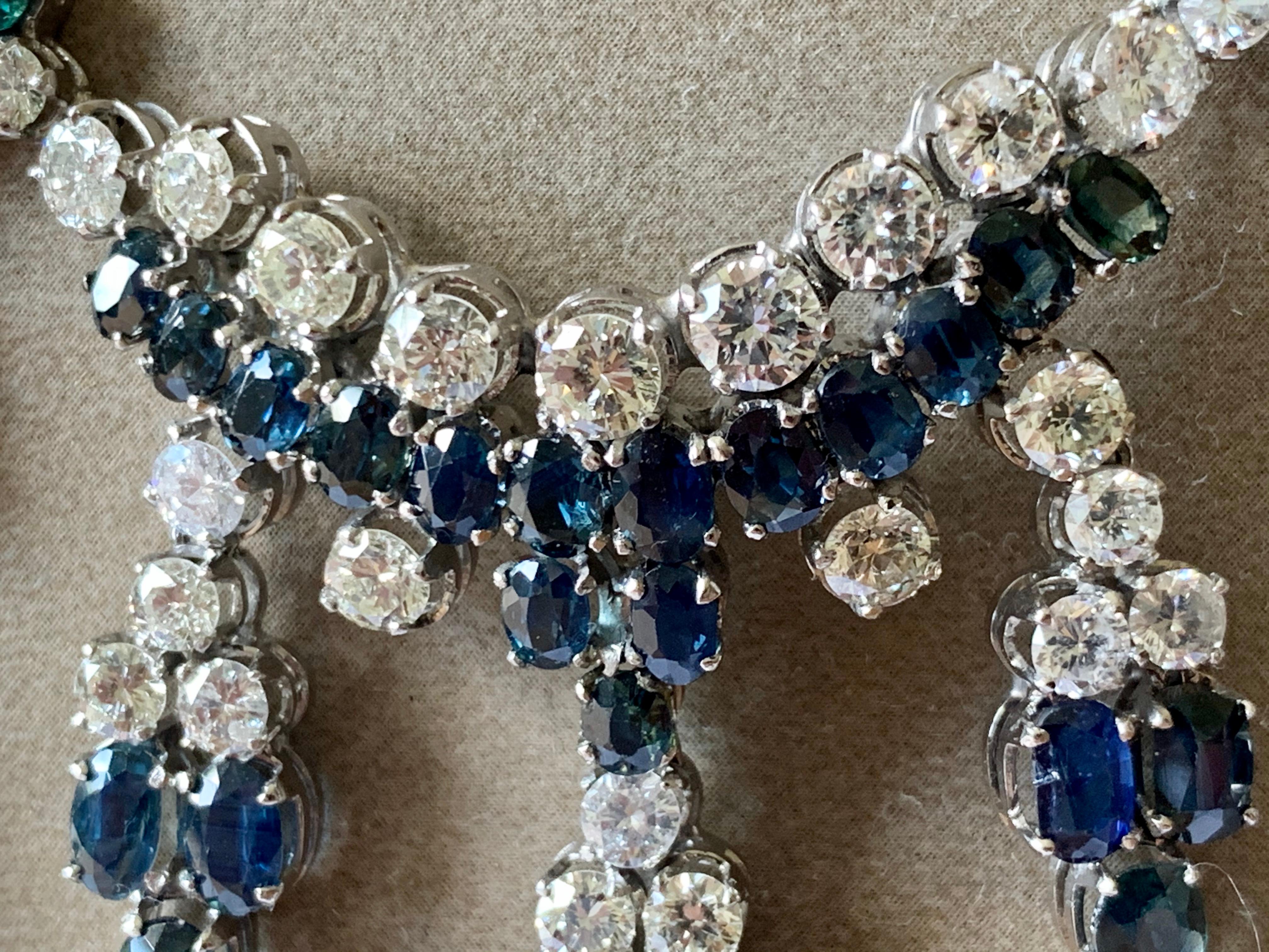 Round Cut 18 Karat White Gold Vintage Diamond and Sapphire Fringe Necklace For Sale