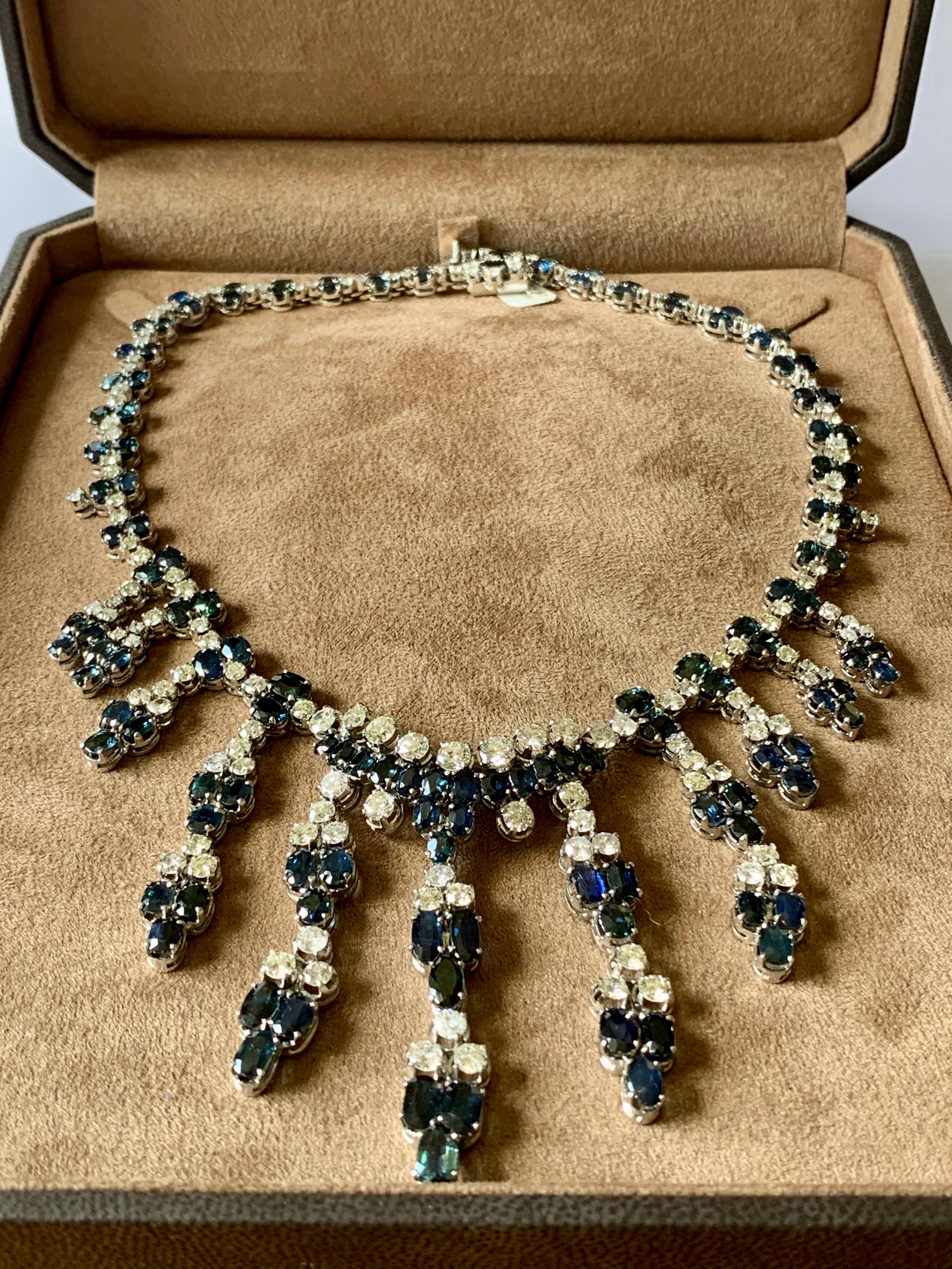 Women's 18 Karat White Gold Vintage Diamond and Sapphire Fringe Necklace For Sale