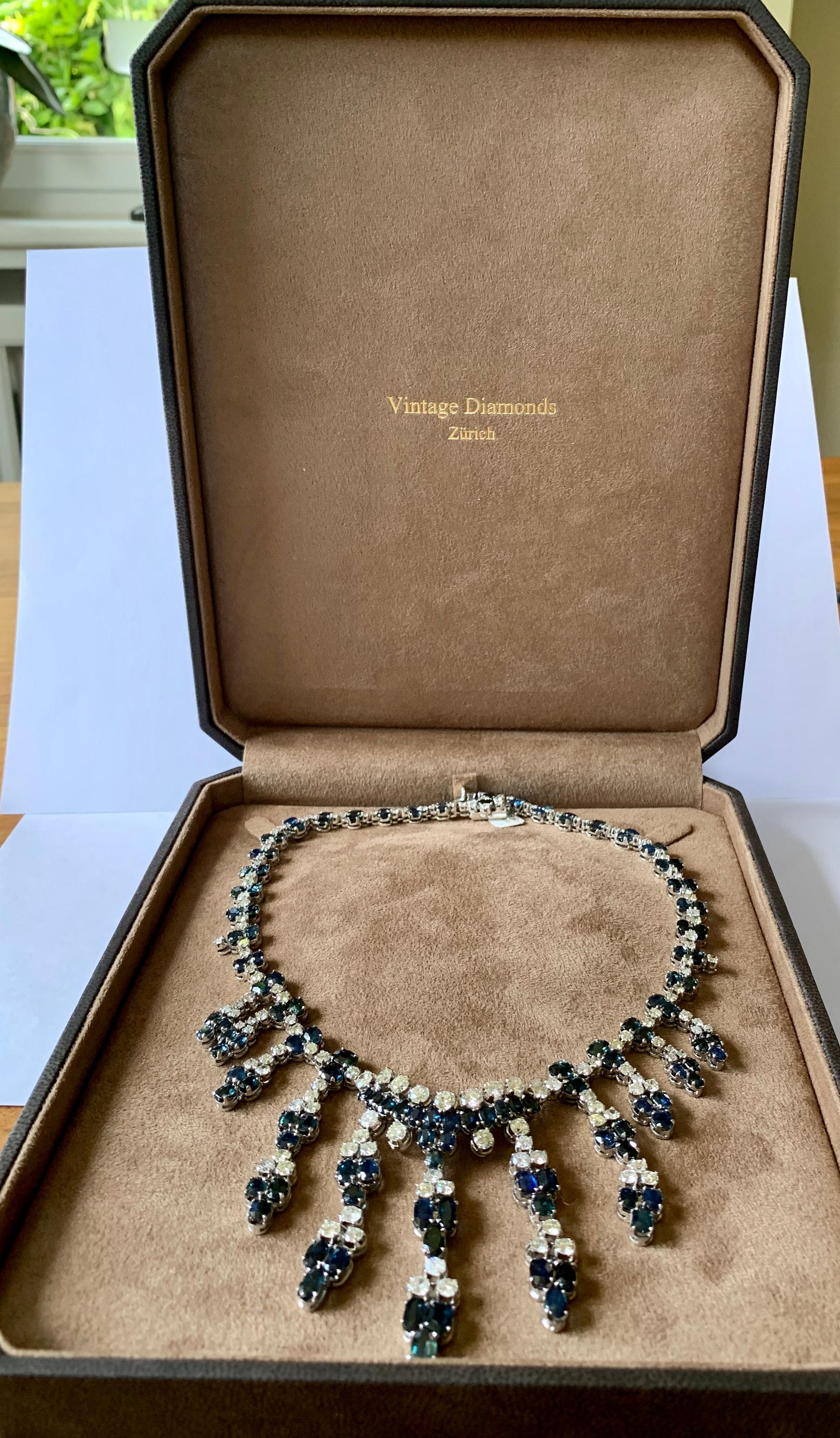 18 Karat White Gold Vintage Diamond and Sapphire Fringe Necklace For Sale 1