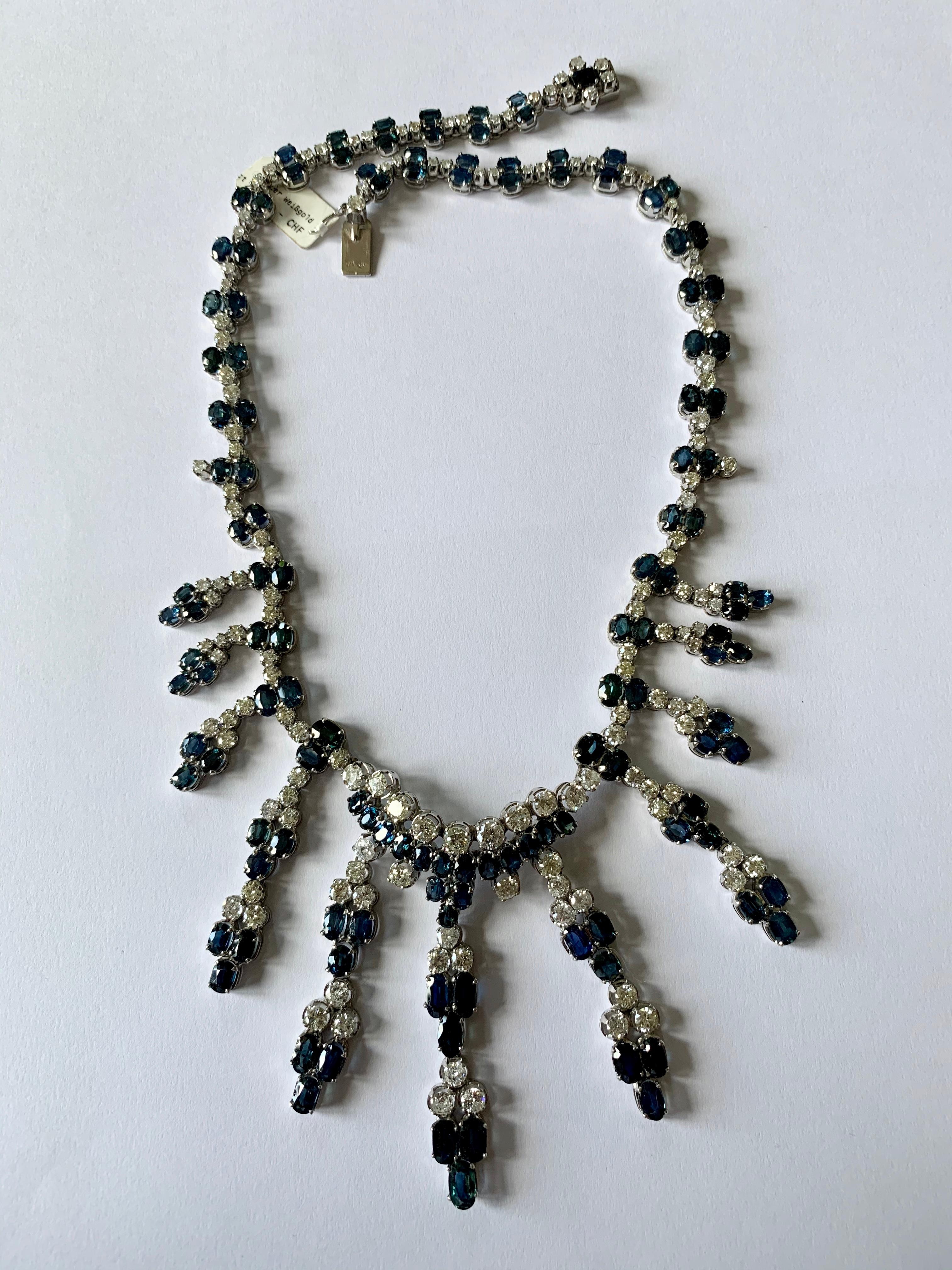 18 Karat White Gold Vintage Diamond and Sapphire Fringe Necklace For Sale 3