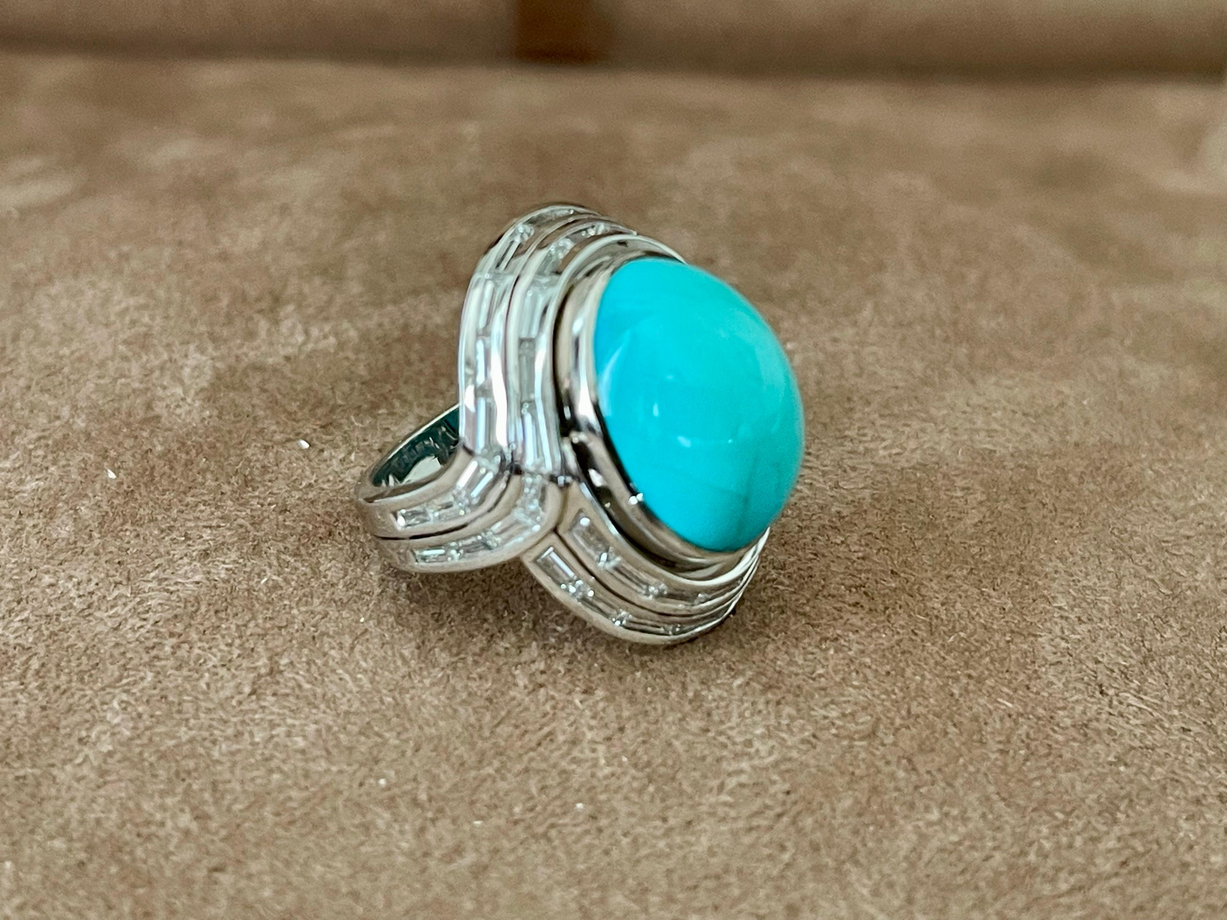 Contemporary 18 K white Gold Vintage Ring Paul Binder Zurich Turquoise Baguette cut Diamonds For Sale