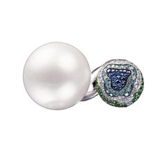 18 K White Gold White South Sea Pearl, Diamonds, Sapphires and Tsavorites Ring