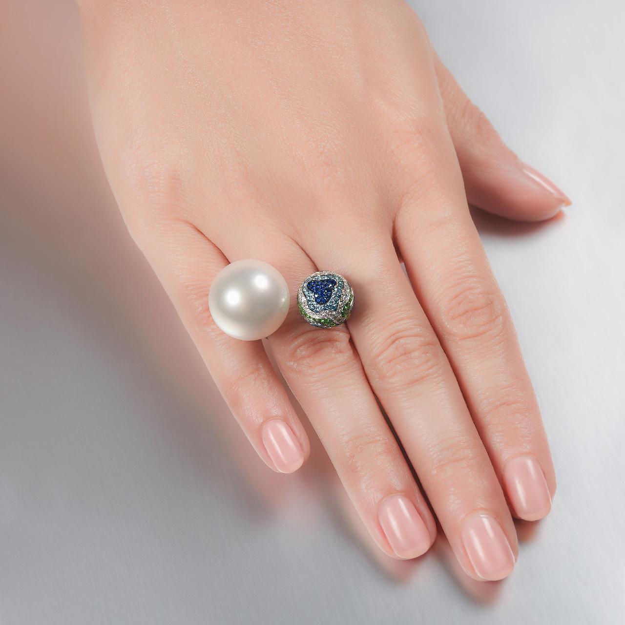 Women's 18 K White Gold White South Sea Pearl, Diamonds, Sapphires and Tsavorites Ring For Sale